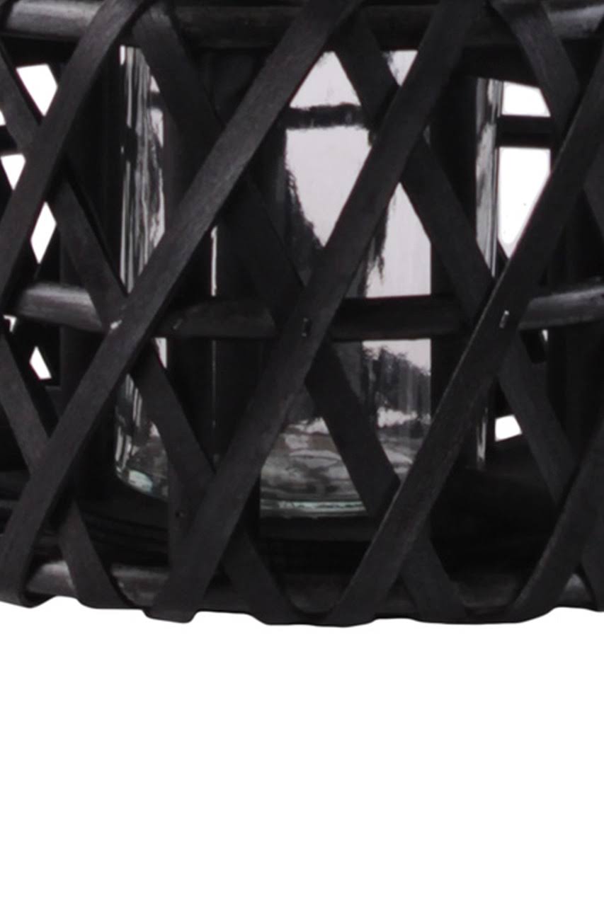 Benjara BM208423 Small Lattice Design Cylindrical Wooden Lantern with Rope Handle - Black