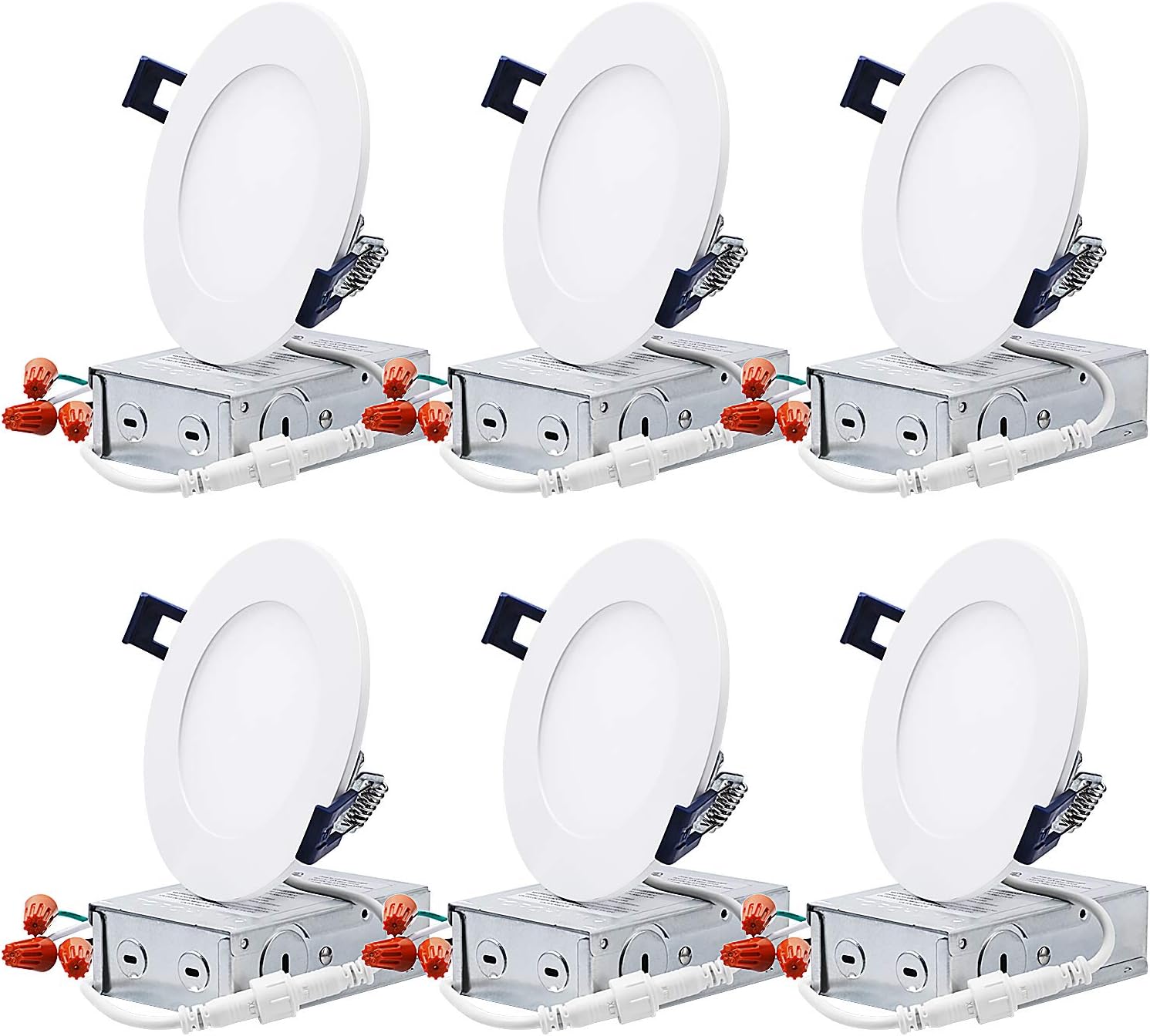 TORCHSTAR 4 Inch 2700K/3000K/3500K/4000K/5000K Five Color Selectable, Dimmable 10.5W CRI 90+, Ultra-Thin LED Recessed Light with Junction Box, Wet Location Available, ETL & Energy Star, Pack of 6