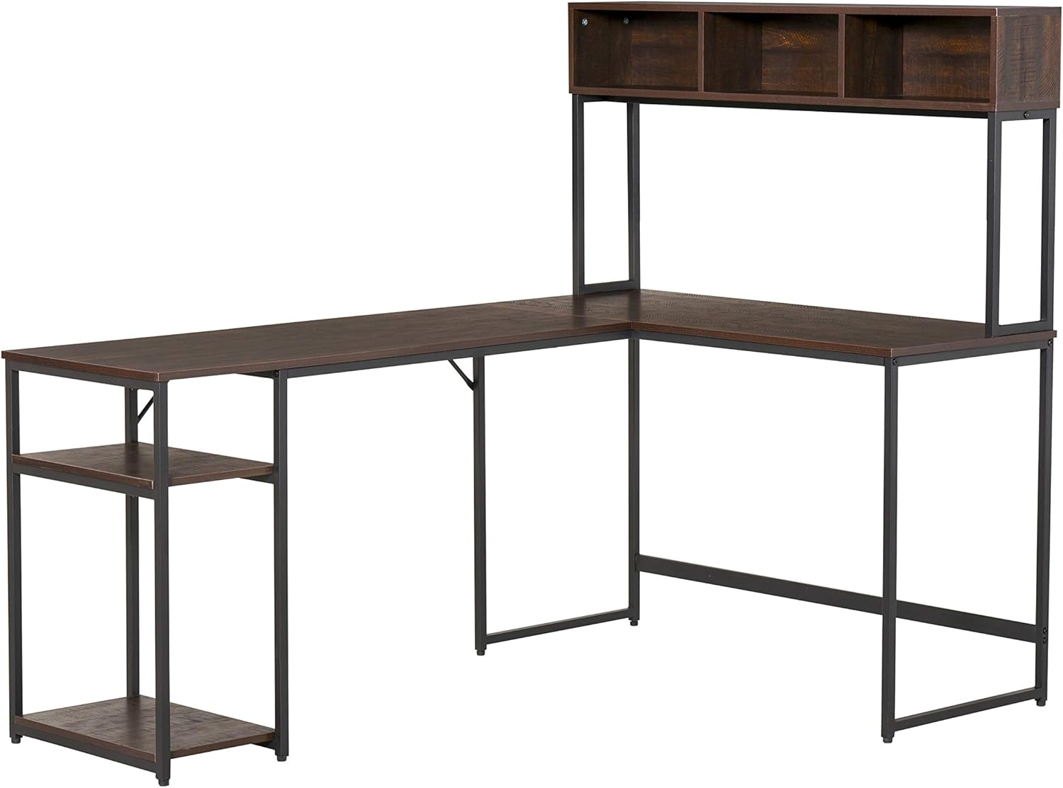 HOMCOM L-Shaped Home Office Desk with Large Tabletop Workspace, Bottom Tower Shelf, and 3 Cube Shelves, Walnut Brown