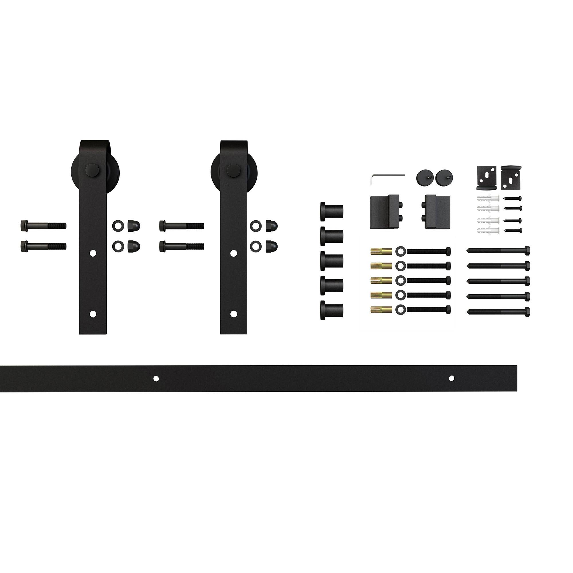 American Pro Decor 78 in. Black Solid Steel Rolling Barn Door Hardware Kit for Single Wood Doors with Non-Routed Adjustable Floo
