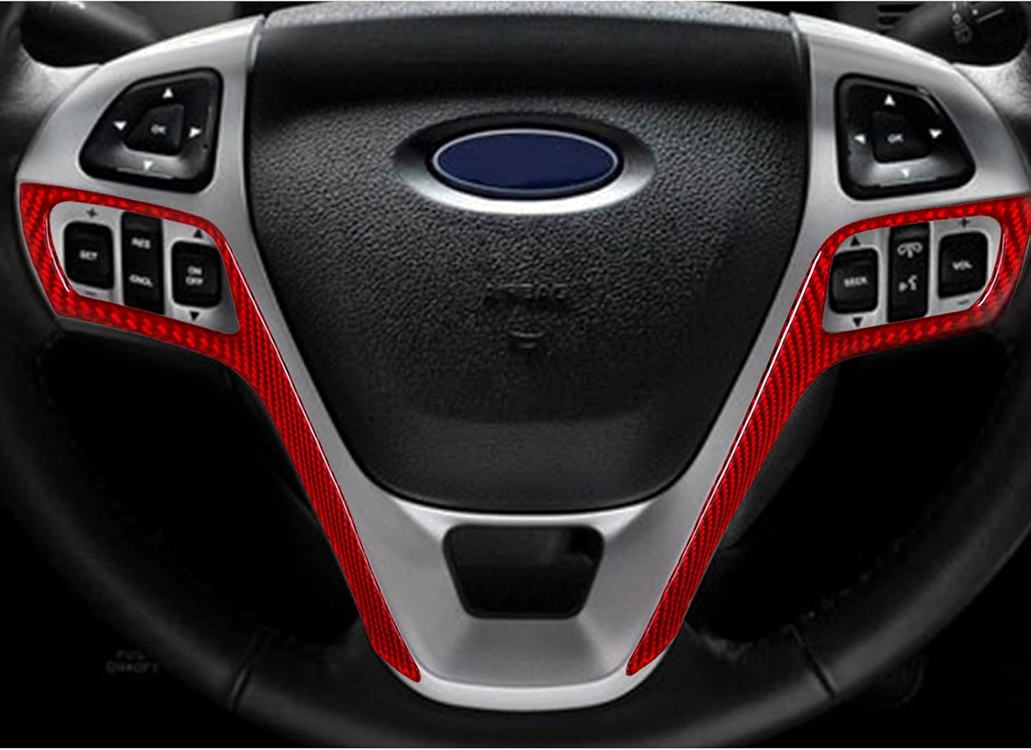 SUNJIKA Compatible with 2PCS Carbon Fiber Center Console Steering Wheel Panel Button Frame Trim Sticker Cover Interior Accessories for Ford Explorer 2013 2014 2015 2016 2017 2018 (Red)
