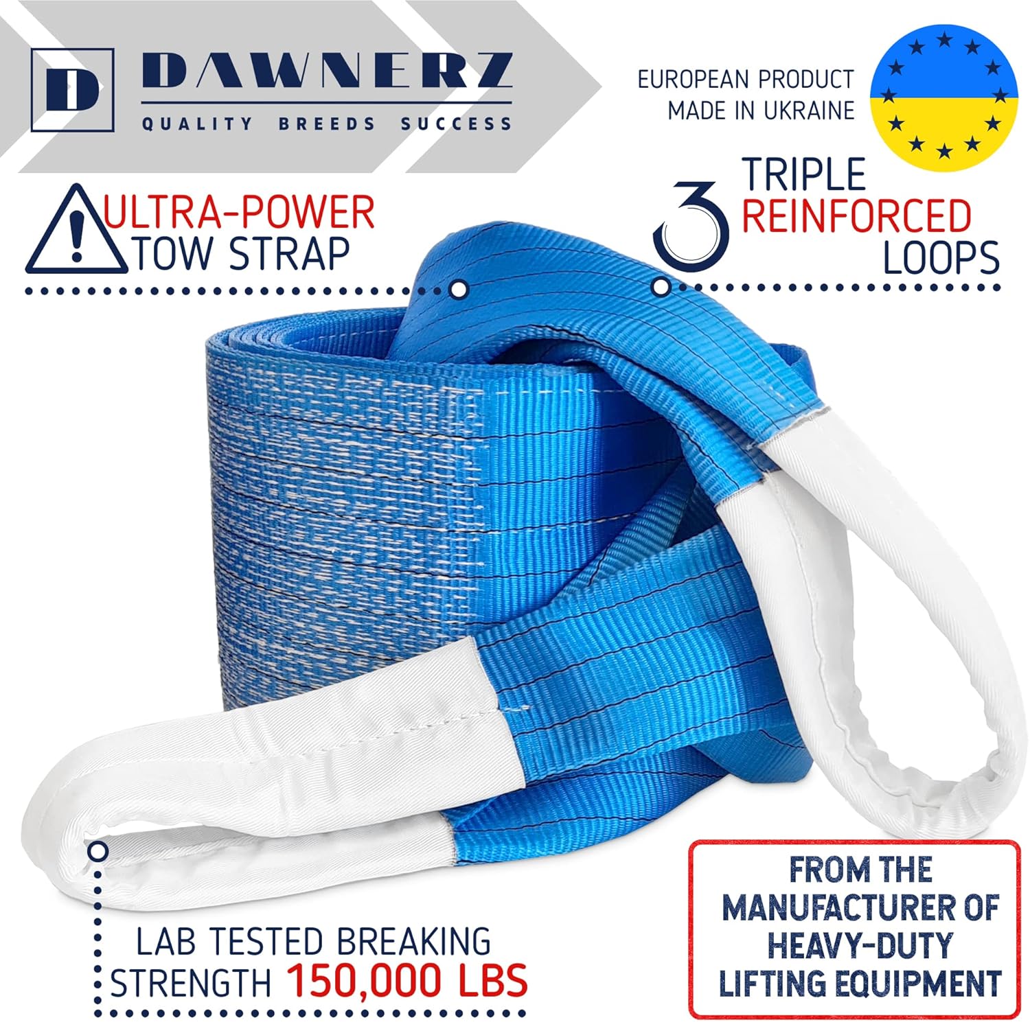 Tow Strap Heavy Duty 150000lbs 25ft - Dawnerz Towing Rope 75 US Tons 7.5m for Dump Trucks and Semi Tractor Trailer Trucks