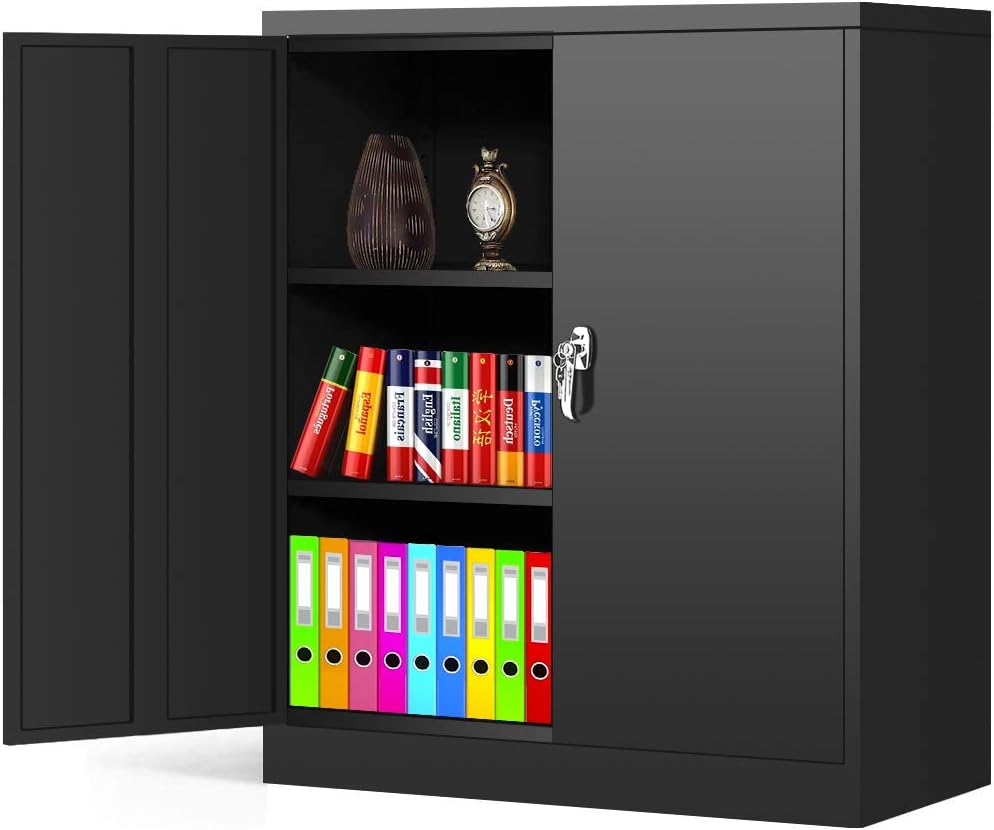 Black Metal Storage Cabinet Locking Steel SnapIt Storage Cabinet with 2 Doors and 2 Adjustable Shelves, Counter Height Lockable Metal Welded Cabinet for Office,Garage, Home Greenvelly