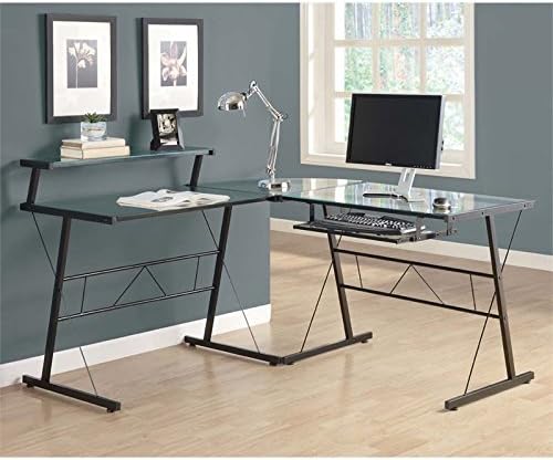 Scranton and Co Glass Top Metal L Shaped Computer Desk in Black