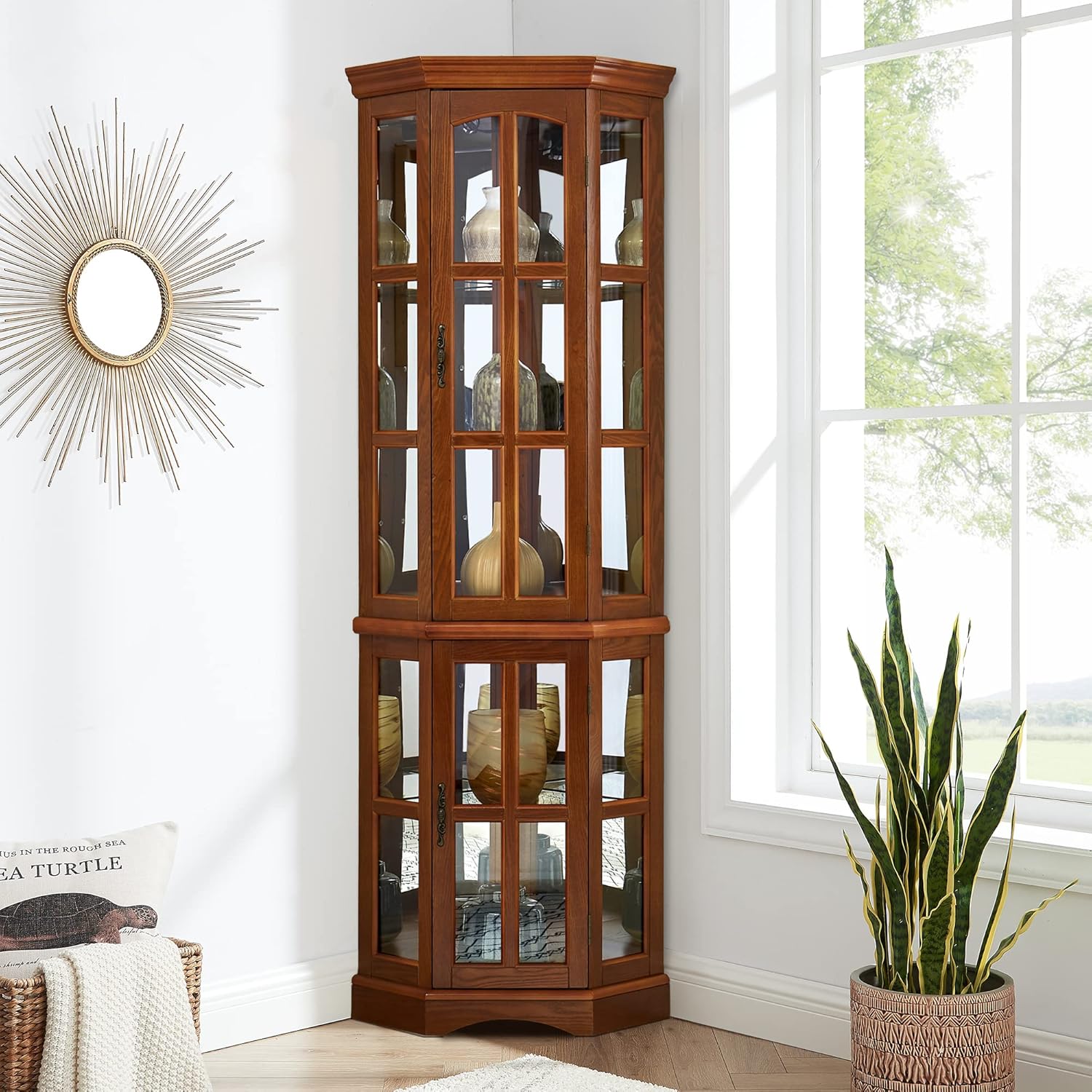 GOOD & GRACIOUS Corner Curio Cabinet with 5 Shelves and Lighting System, Walnut