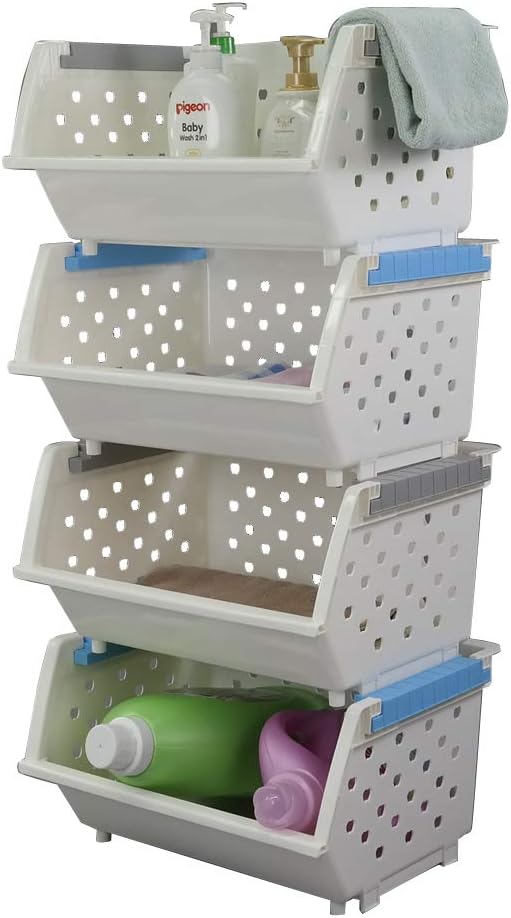 Kekow 4-Pack Plastic Large Stacking Organizer Basket, Stackable Storage Basket, White Pack of 2