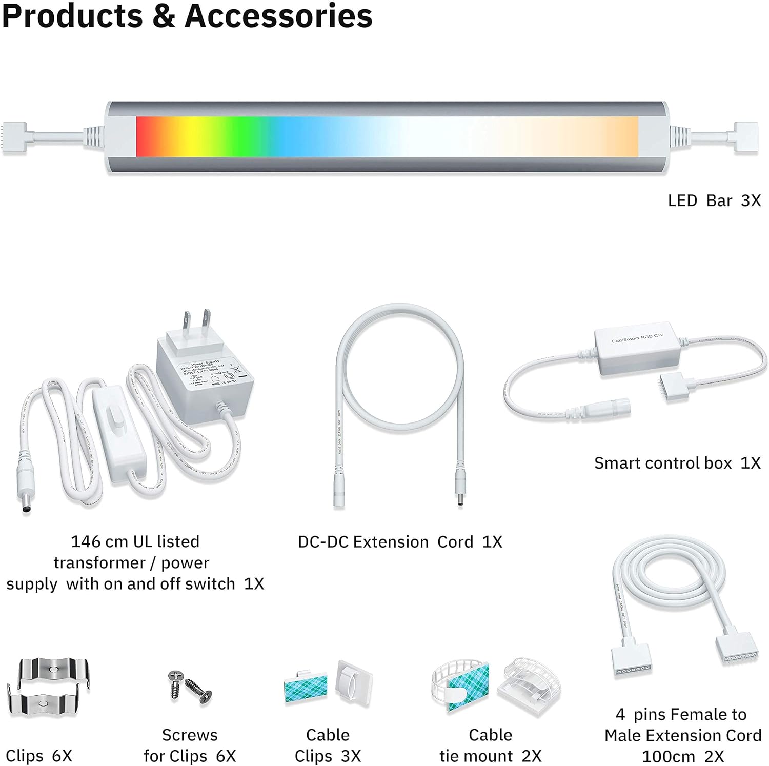 Smart Under Cabinet Lighting Strip Lights White and Multi Color Work with Amazon Alexa Google Home Dimmable for Show Case, TV Back Lights, Kitchen Counter, Book Case, Under Bed (3 Lights Bar kit)