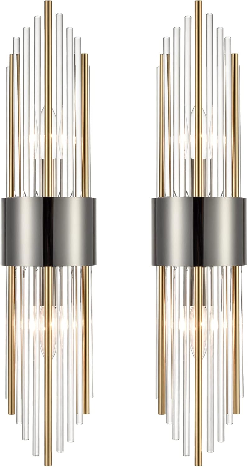 SHAWNKEY 2-Light Modern Wall Sconce Titanium Black Metal with Clear Class Crystal Vanity Wall Sconce Lighting for Bedroom Living Room Bathroom Light Fixtures Set of 2