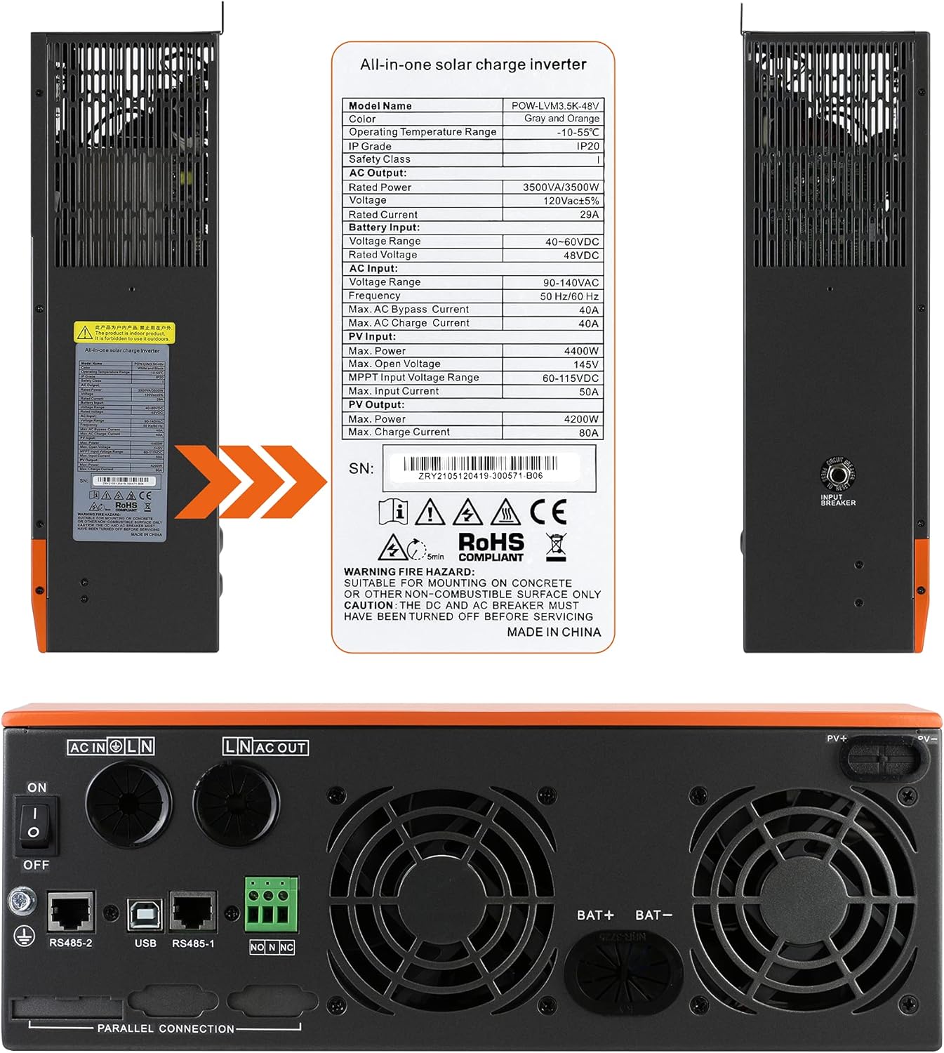 All-in-ONE Hybrid Solar Charger Inverter 48V 3500W Output 110Vac Off Grid Solar Inverter, 48V Inverter Built-in 80amp Mppt Controller Support Lead-Acid Lithium Battery Solar Power Utility Generator