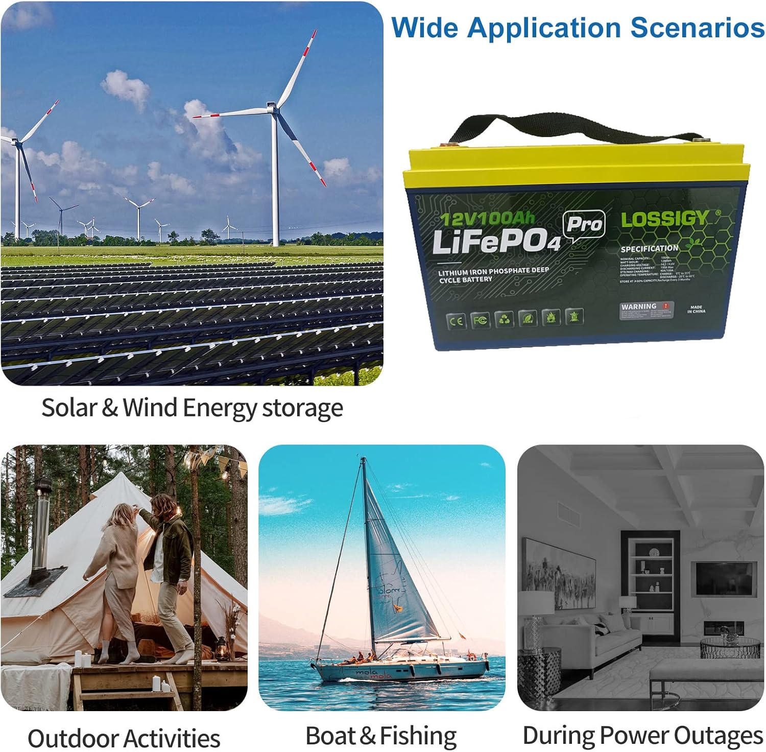 Lossigy Lifepo4 12V100AH Deep Cycle Battery,Built-in 100 A BMS,4000+,for Backup Power for RV, Marine, Off-Grid System