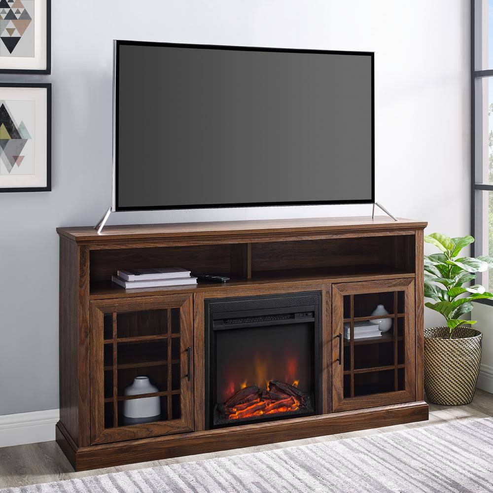 Welwick Designs 58 in. Dark Walnut Wood and Glass Windowpane TV Stand Fits TVs Up to 65 in. with Electric Fireplace