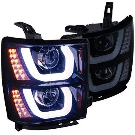 Spec-D Tuning 2LHP-SIV14G-TM Chevy Silverado 1500 Glossy Black Halo LED Signal DRL Projector Headlights