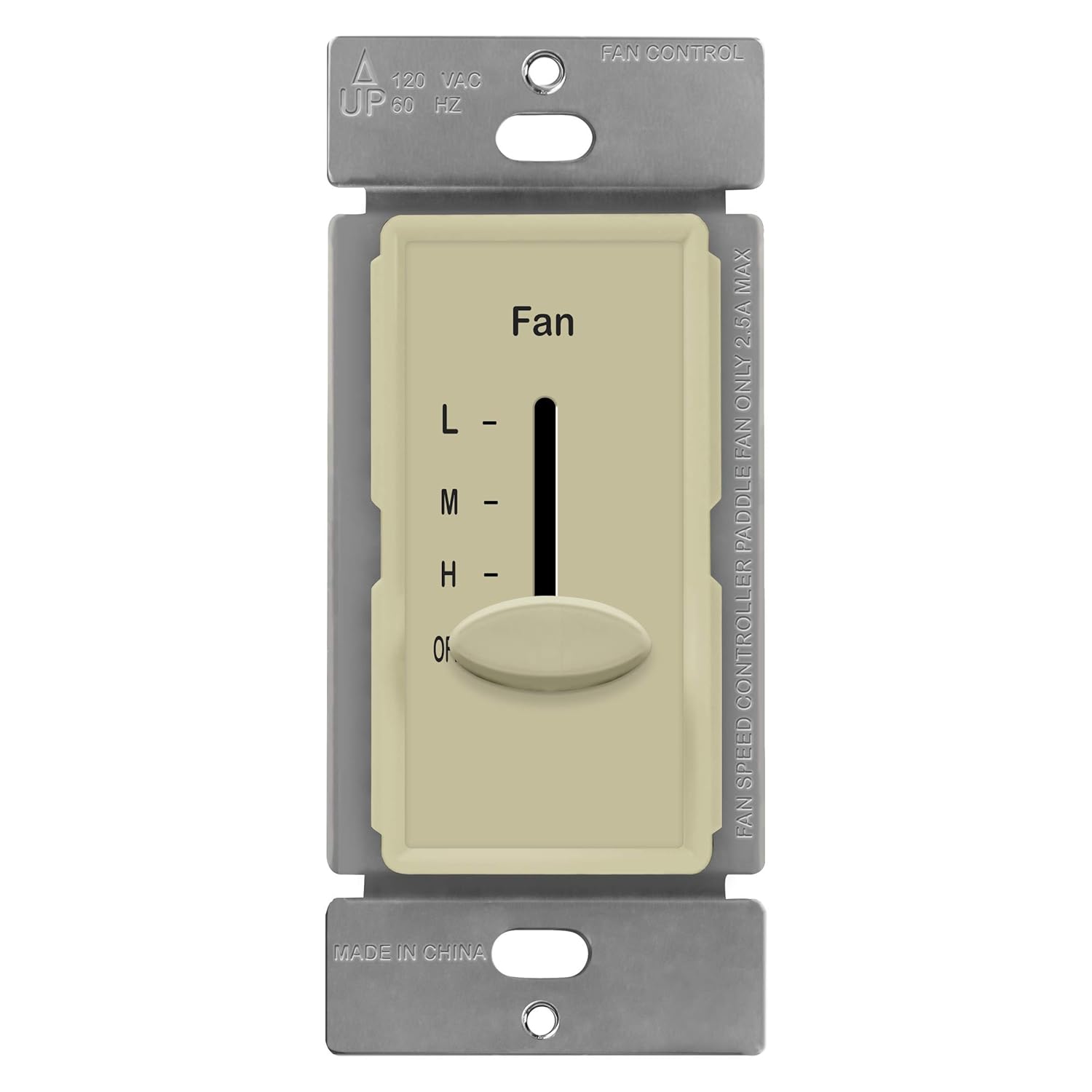 ENERLITES 3 Speed In Wall Ceiling Fan Control, Slide switch, 120VAC, 2.5A, Single-Pole, No Neutral Wire Required, 17000-F3-W-F, White