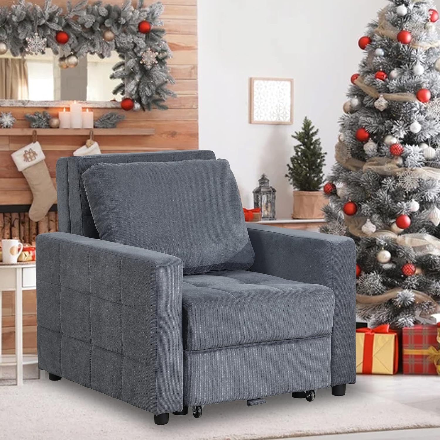 IPKIG Convertible Chair Sleeper Bed, Pull Out Sleeper Chair Armchair Bed with Storage Space,Linen Fabric and Wooden Frame Armchair for Small Space Living Room (Dark Grey)