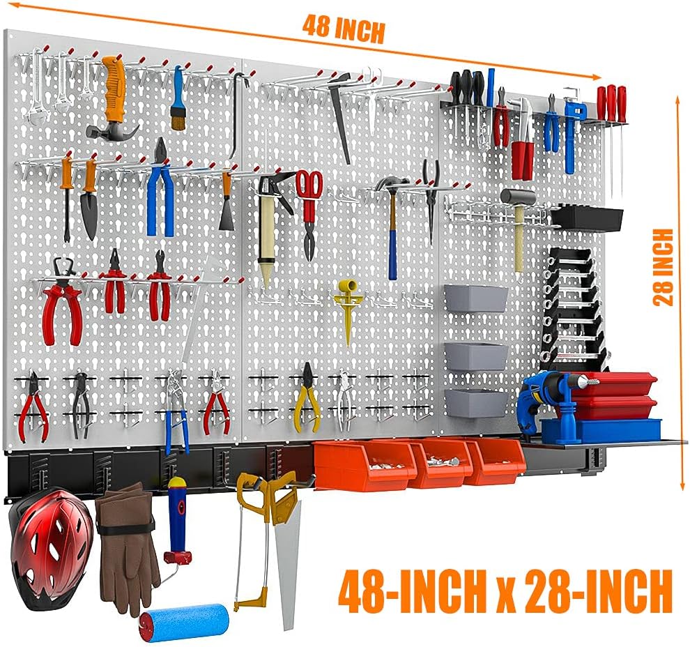TORACK 109Pcs Pegboard Wall Organizer 4 ft. Garage Metal Pegboard Standard Utility Tool Storage Kit w/Toolboard Hooks & Peg Locks Accessories, Wall Mounted Storage Bins & Shelf Racks