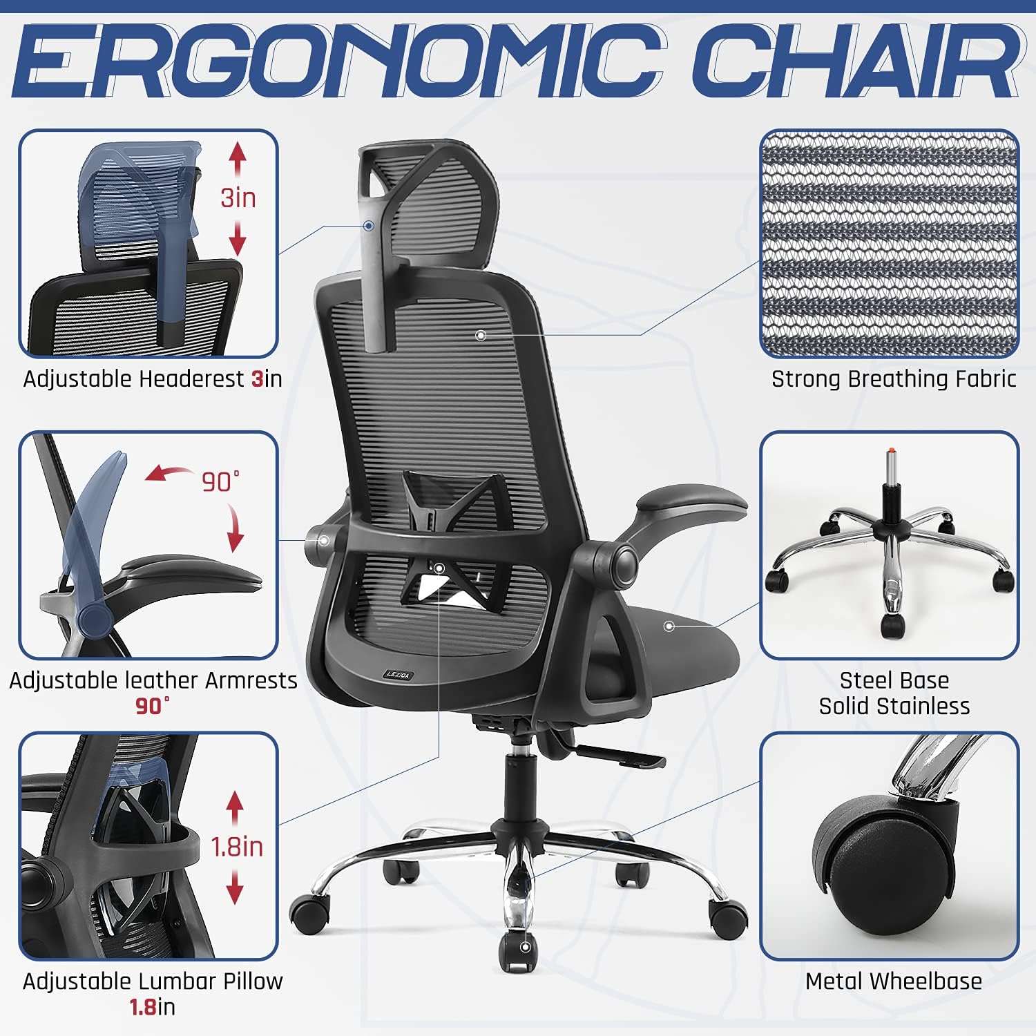 Ergonomic Office Chair, High Back Mesh Office Chair with Wheels - Adjustable Headrest with Flip-Up Arms, Tilt Function, Lumbar & Neck Support, Sturdy Fashion Swivel Computer Chair (1 Set)