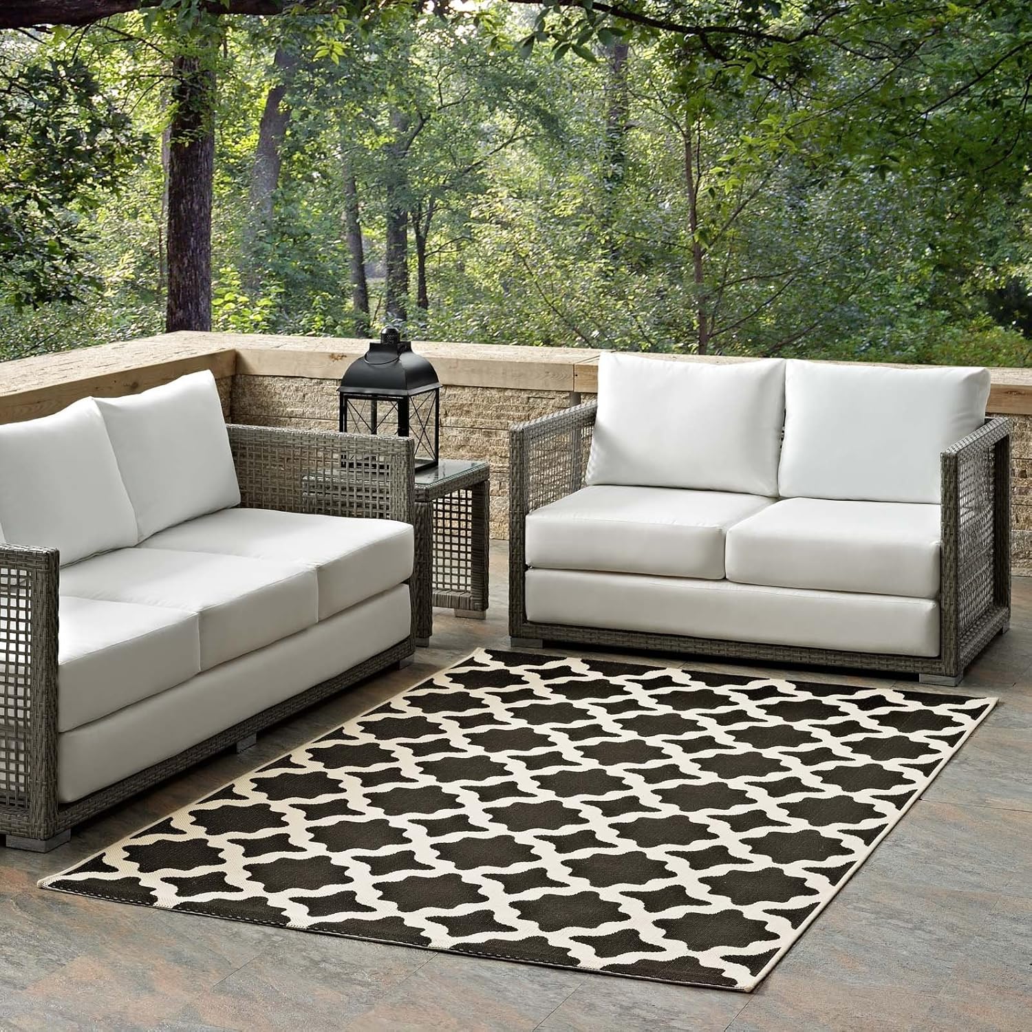 Modway Cerelia Moroccan Trellis 8x10 Indoor and Outdoor In Black and Beige