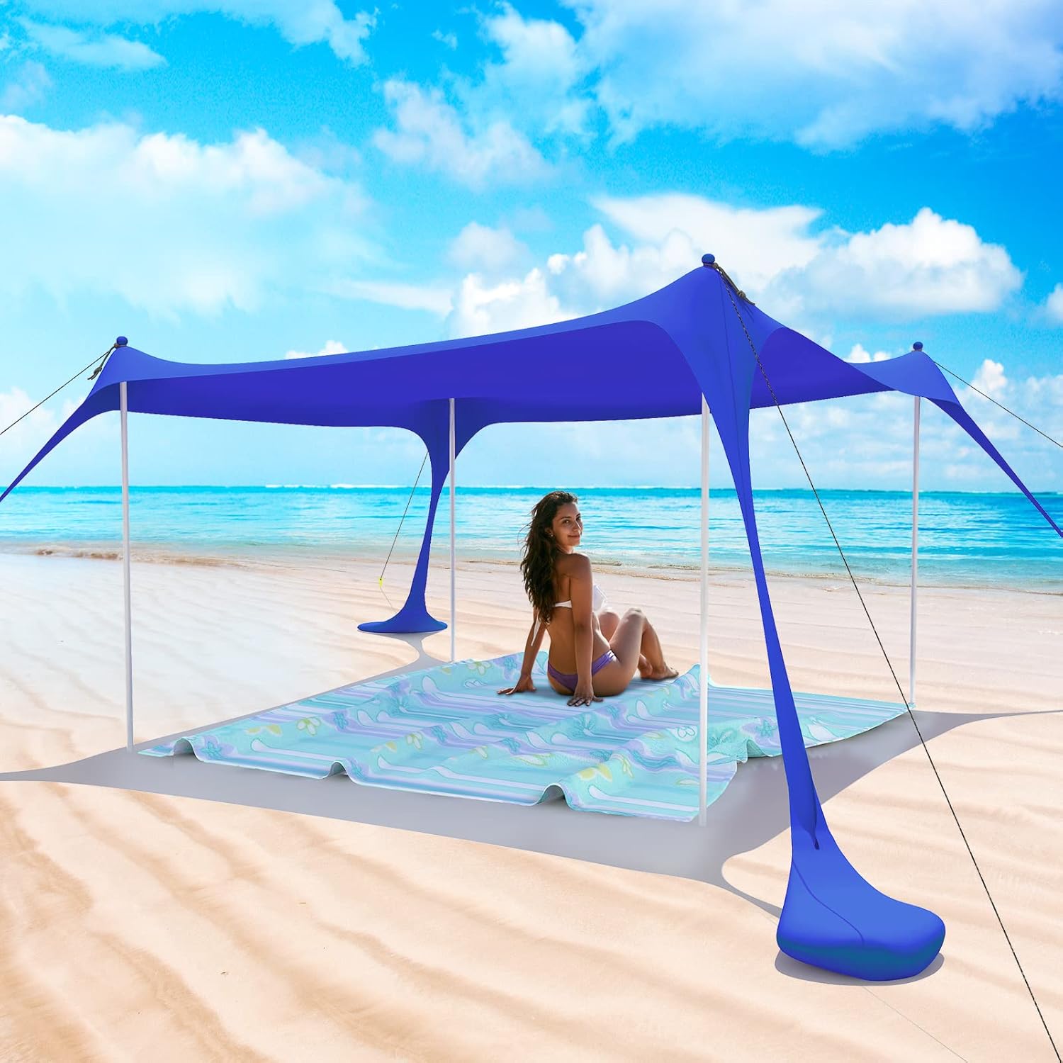Zeepair Beach Tent Pop Up Shade Canopy Sun Shelter UPF50+ with 4 Stability Poles/Carry Bag/Ground Pegs/Sand Shovel/Windproof Ropes Portable Outdoor Family Sunshade for Beach Camping(Navy Blue,10&times;10FT)