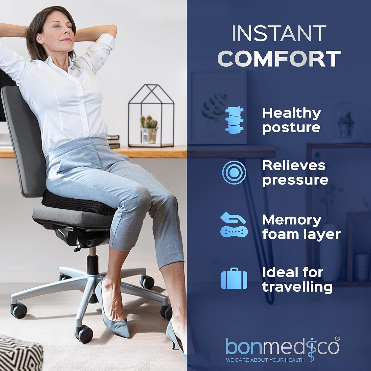 bonmedico Comfort Cushion - Home Office Memory Foam Seat Cushion for Coccyx/Tailbone & Sciatica Pain Relief, Great for Relief with Office Chair Cushion, Car Seat Cushion Or Wheelchair Cushion, Black