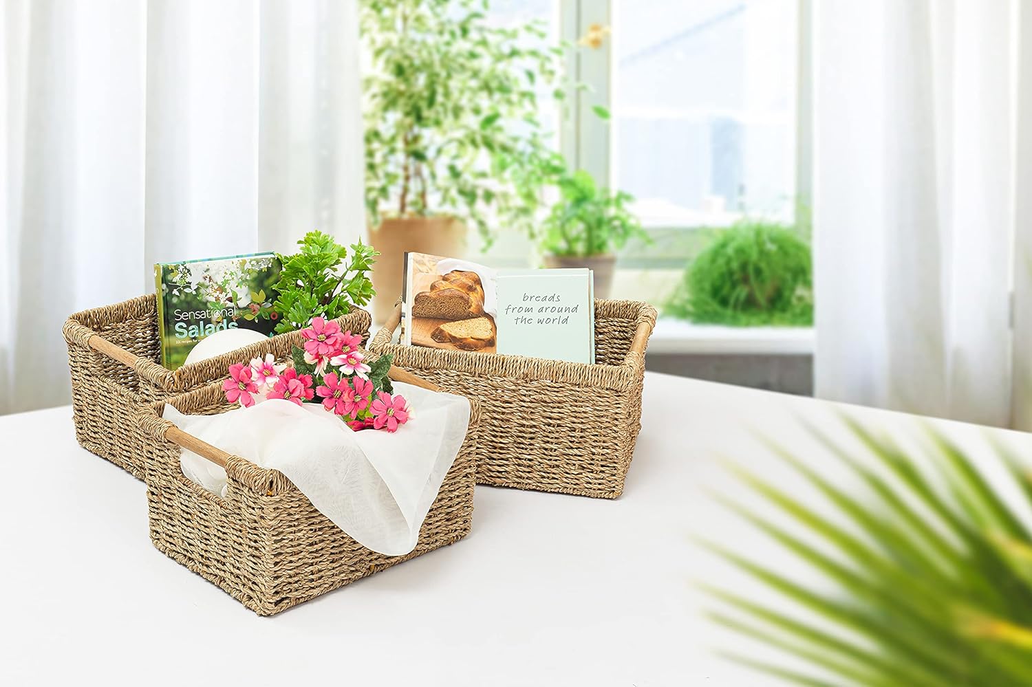 VATIMA Natural Seagrass Storage Basket with Handle, Rectangular Wicker Basket for Organizing, Decorative Wicker Storage Basket for Living Room, Medium Wicker Basket 12.5 x 8.9 x 6.7 inches - 3 Pack Pack of 2