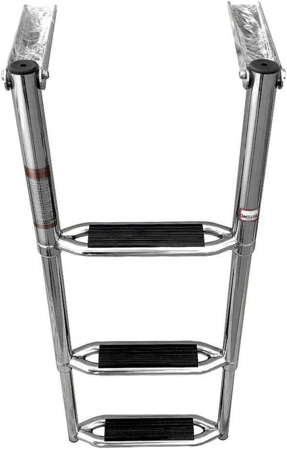 Hoffen Stainless Steel 3 Steps Ladder Boat Telescoping Ladder, 900 Pound Capacity w/Extra Wider Steps with Retaining Strap for Marine Yacht