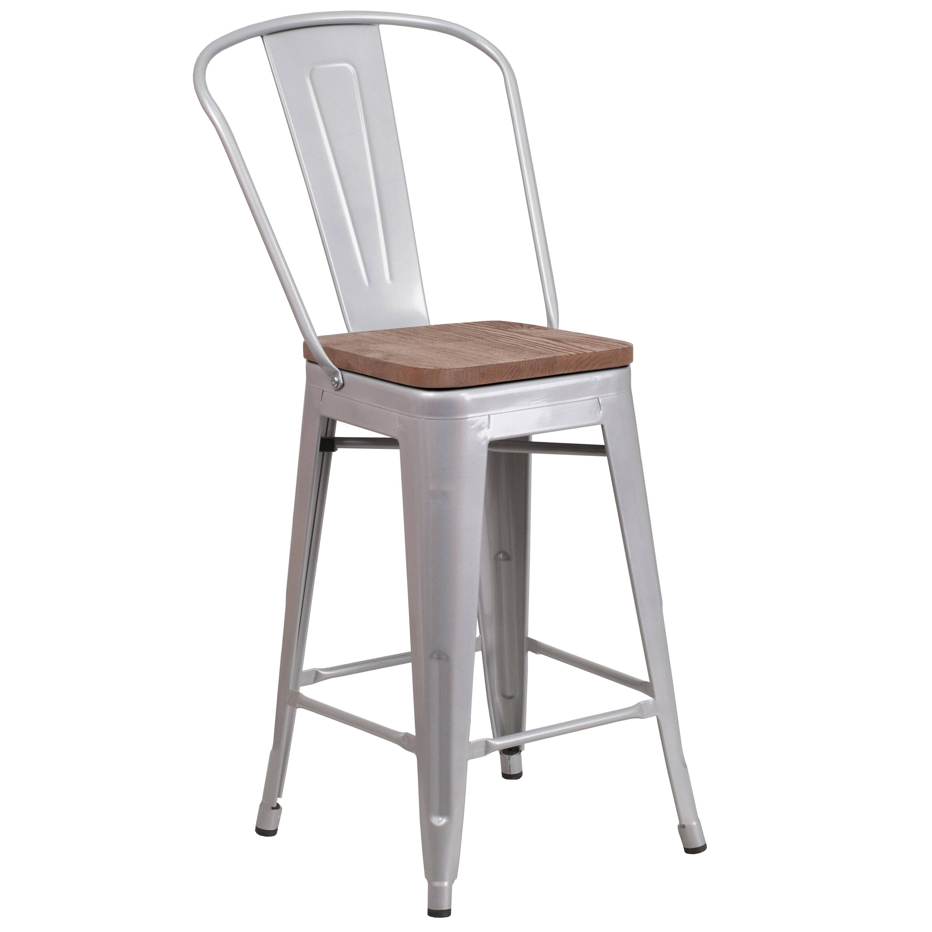 Flash Furniture Offex 24x22 High Metal Counter Height Stool with Back and Wood Seat - Silver