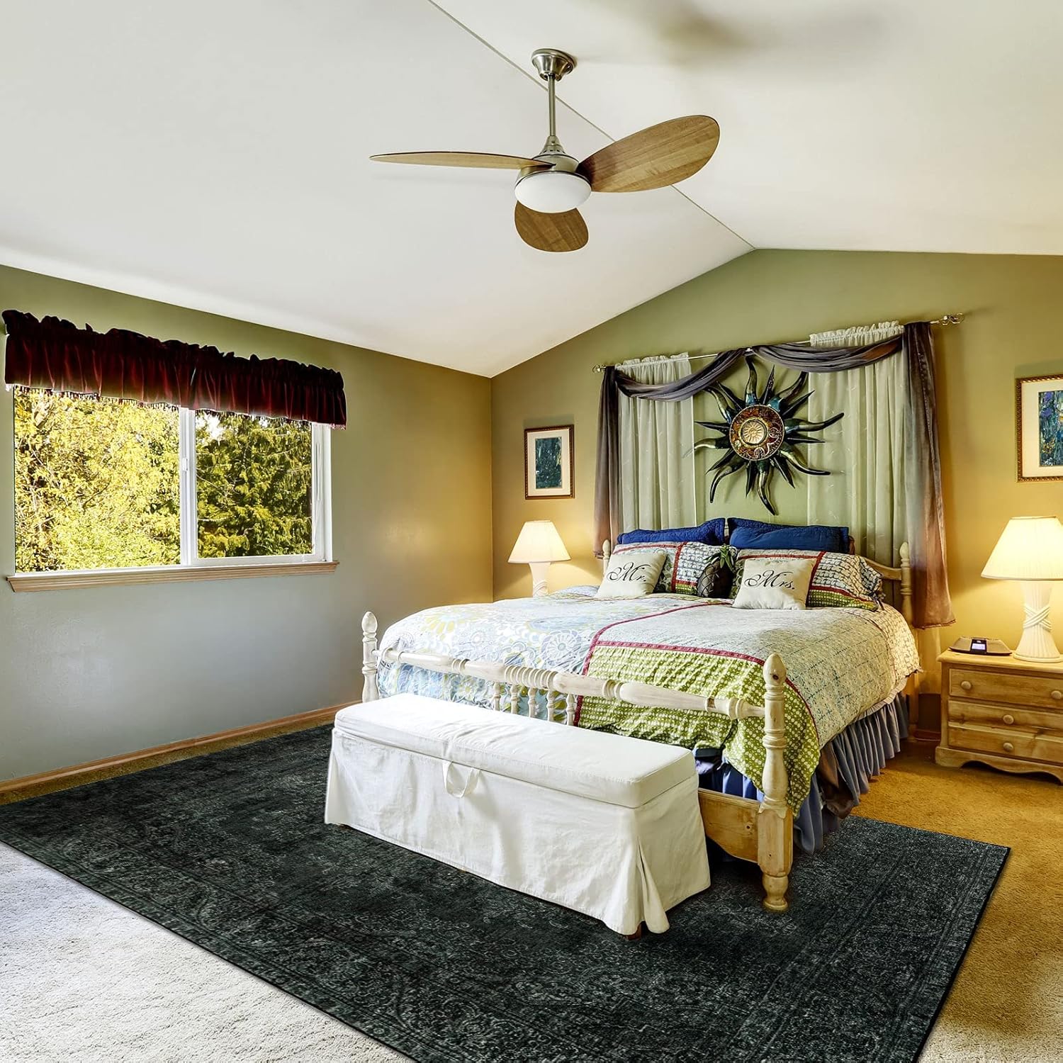 Washable Rug Indoor 5x8, Rugs with Rubber Backing, Non Slip Area Persian Rug, Foldable Rug Thin, Traditional Bohemian Black Green Rug for Bedroom, Living Room, rv Carpet, Machine Washable Carpets