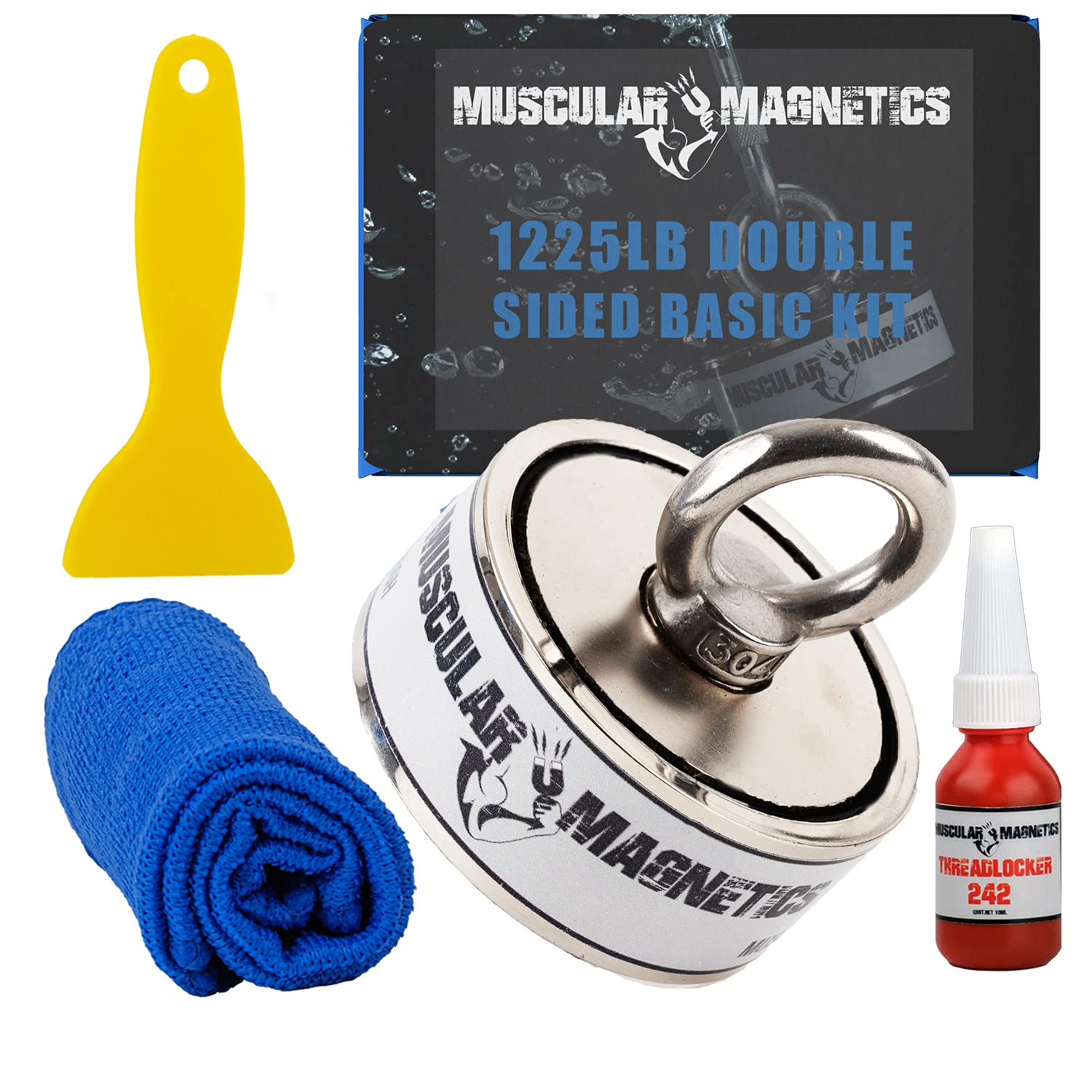 1225lb Double Sided Fishing Magnet Bundle Pack - Includes 1225lb Super Strong Double Sided Neodymium Magnet, with Two Eyebolts, Durable Scraper, Cleaning Cloth & Threadlocker (Single Kit) Pack of 2