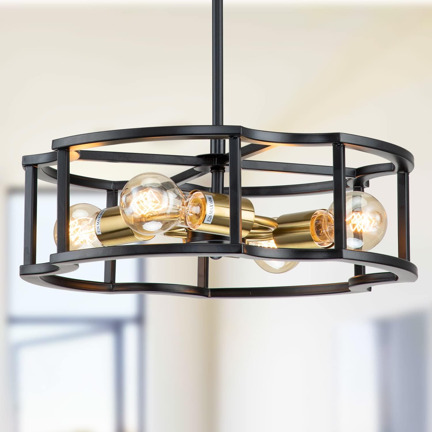 Farmhouse Semi Flush Mount Ceiling Light,4-Light Black Drum Ceiling Chandelier,Adjustable Height Round Drum Pendant Light with Light fixtures Ceiling Mount ,for Dining Room Internet Cafe Study