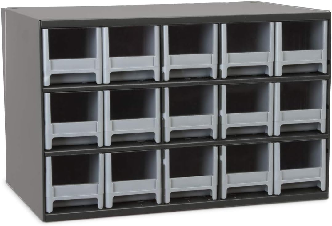 Akro-Mils 15-Drawer Steel Parts Craft Storage Cabinet Hardware Organizer, 19715, (17-Inch W x 11-Inch D x 11-Inch H), Gray Cabinet, Black Drawers