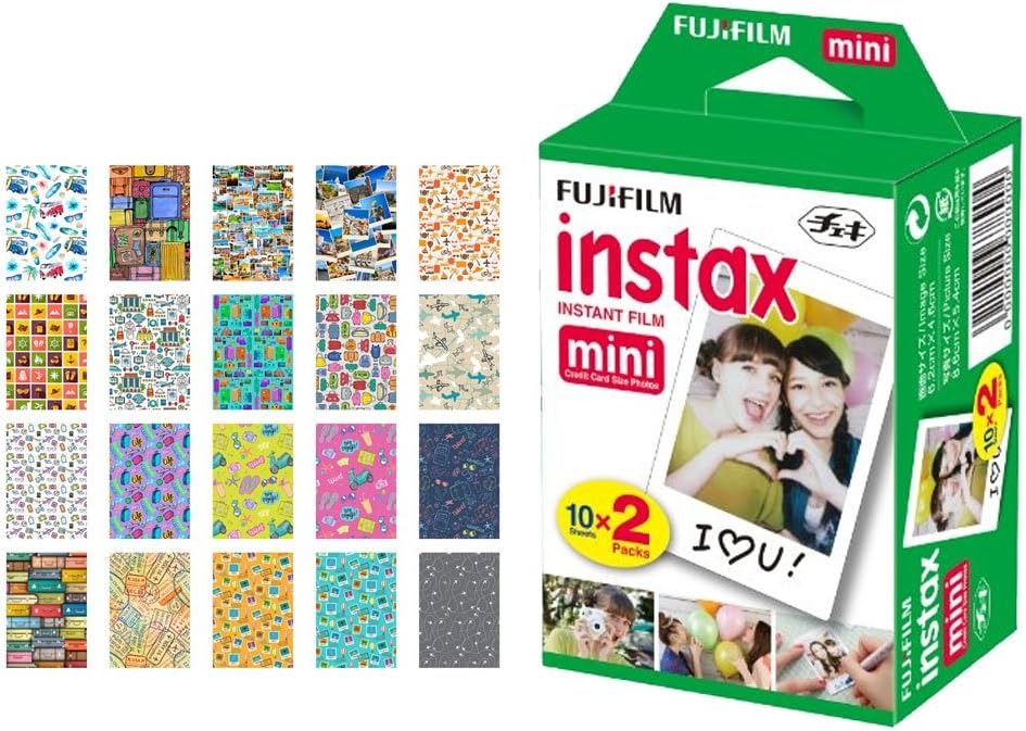Fujifilm instax Mini Instant Film (20 Exposures) + 20 Sticker Frames for Fuji Instax Prints Travel Package Pack of 2