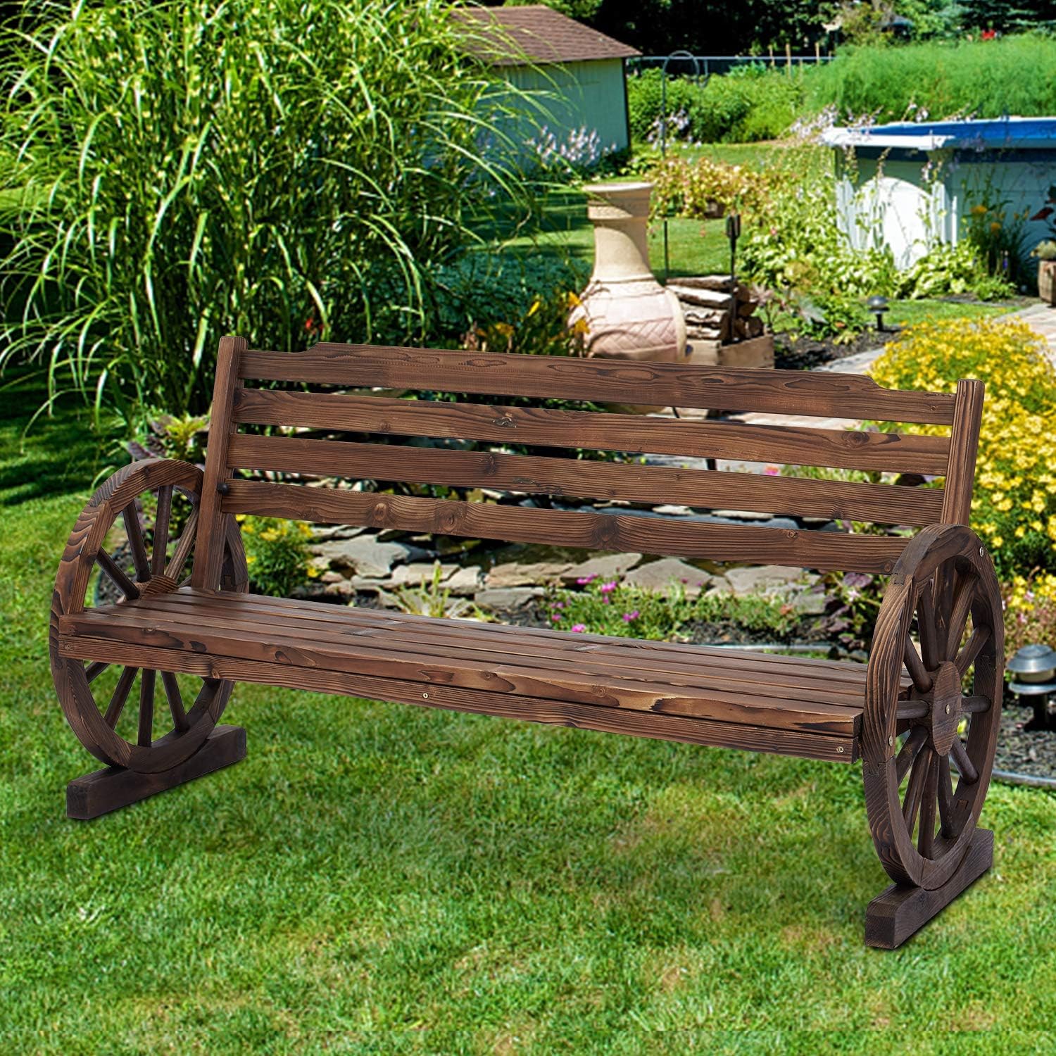 Rustic Outdoor Bench, Wooden Wagon Wheel Bench, 2 Person Outdoor Bench with Backrest for Front Porch Patio Outdoors
