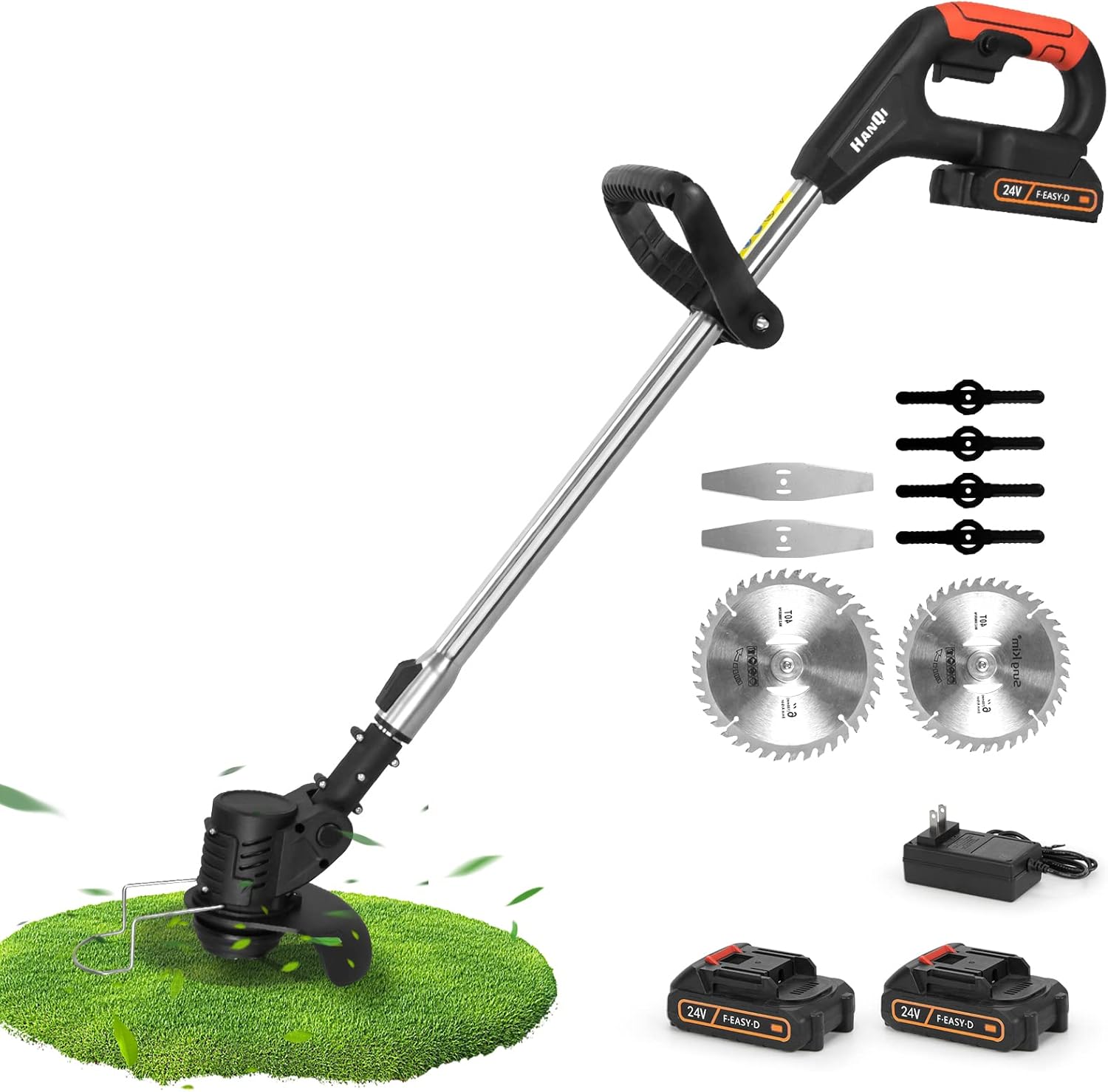 Electric Cordless Weed Wacker,24V 2Ah Battery Powered Weed Eater with 2 Batteries and 3 Types Blades,Lightweight and Powerful String Trimmer for Yard and Garden(Black)