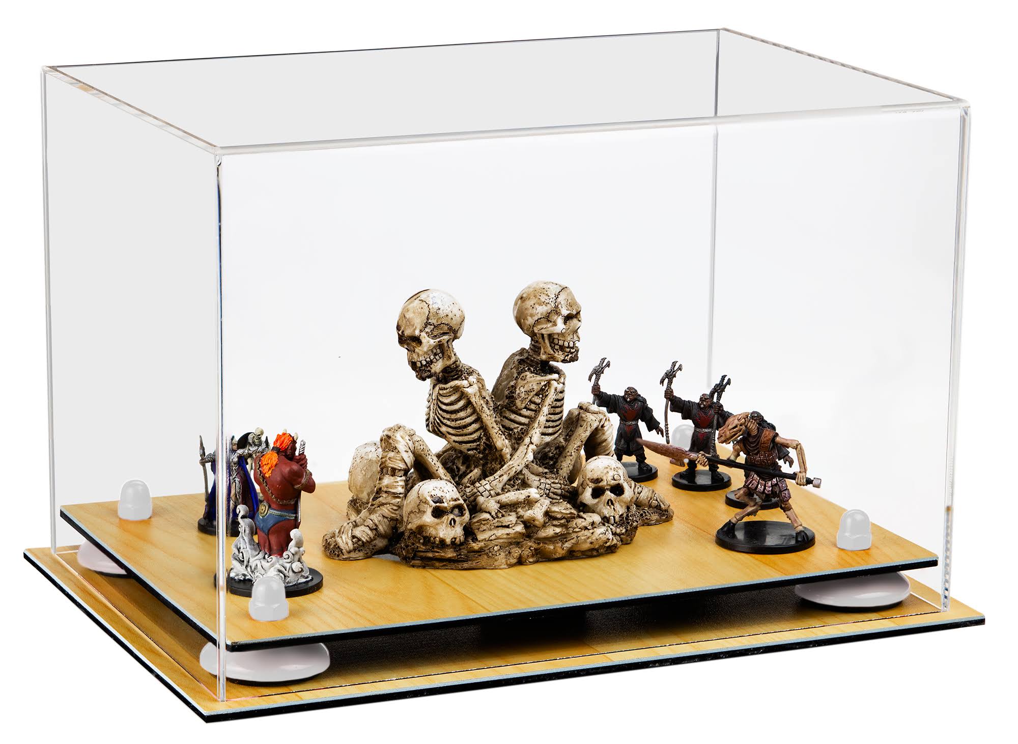 Versatile Deluxe Clear Acrylic Display Case - Medium Rectangle Box with White Risers and Wood Floor 12x22 x 8.25x22 x 8x22 (A004
