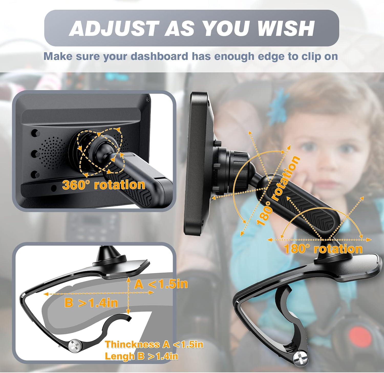 Baby Car Camera,ATOROBROS Baby Car Camera for Backseat with HD Night Vision,4.3'' ,360&deg; Rotation Dashboard Clip Mount Display Stand,Wide Crystal Clear View