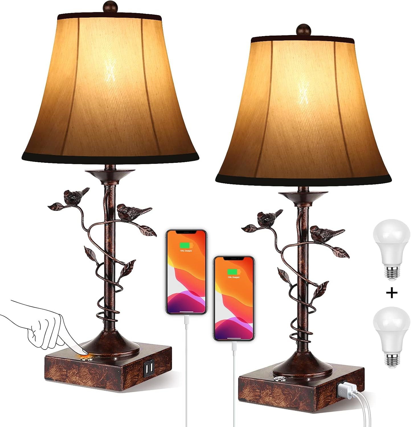 Liitle Bird Lamps for Bedroom Set of Two Table Lamps for Living Room 3-Way Dimmable Bedside Lamp with USB Port and AC Outlet Touch Nightstand Lamp Desk Bed Lamps for Reading Office (Bulbs Included)