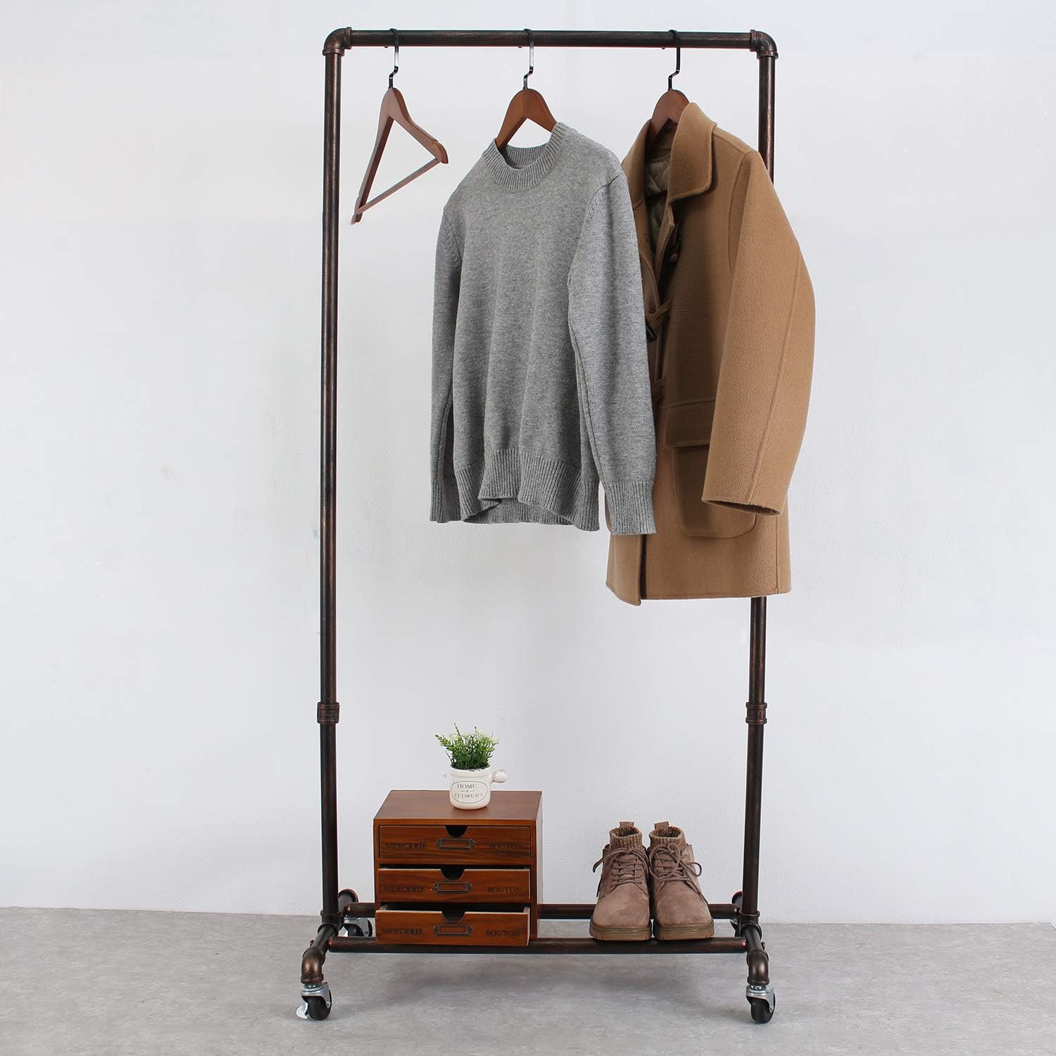 Womio Industrial Iron Pipe Clothing Rack on Wheel, Clothing Retail Display Rack,35in Retro Red