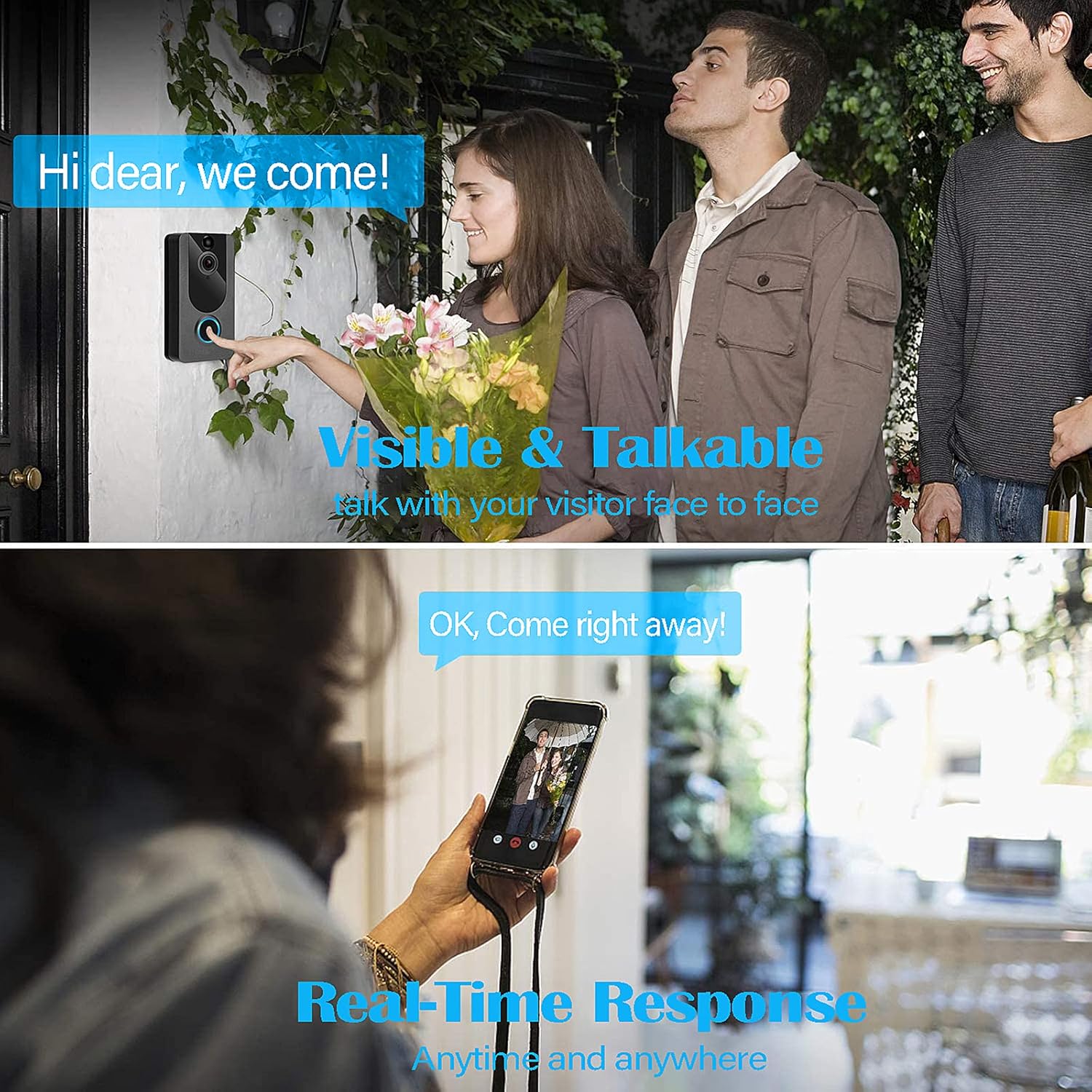 Video Doorbell Camera with Chime, 1080P Wireless Doorbell 2.4GHZ with Free Cloud Storage, PIR Motion Detection, 2-Way Audio, 166°Wide Angle, Night Vision, IP65 Weatherproof for Home Security Pack of 2