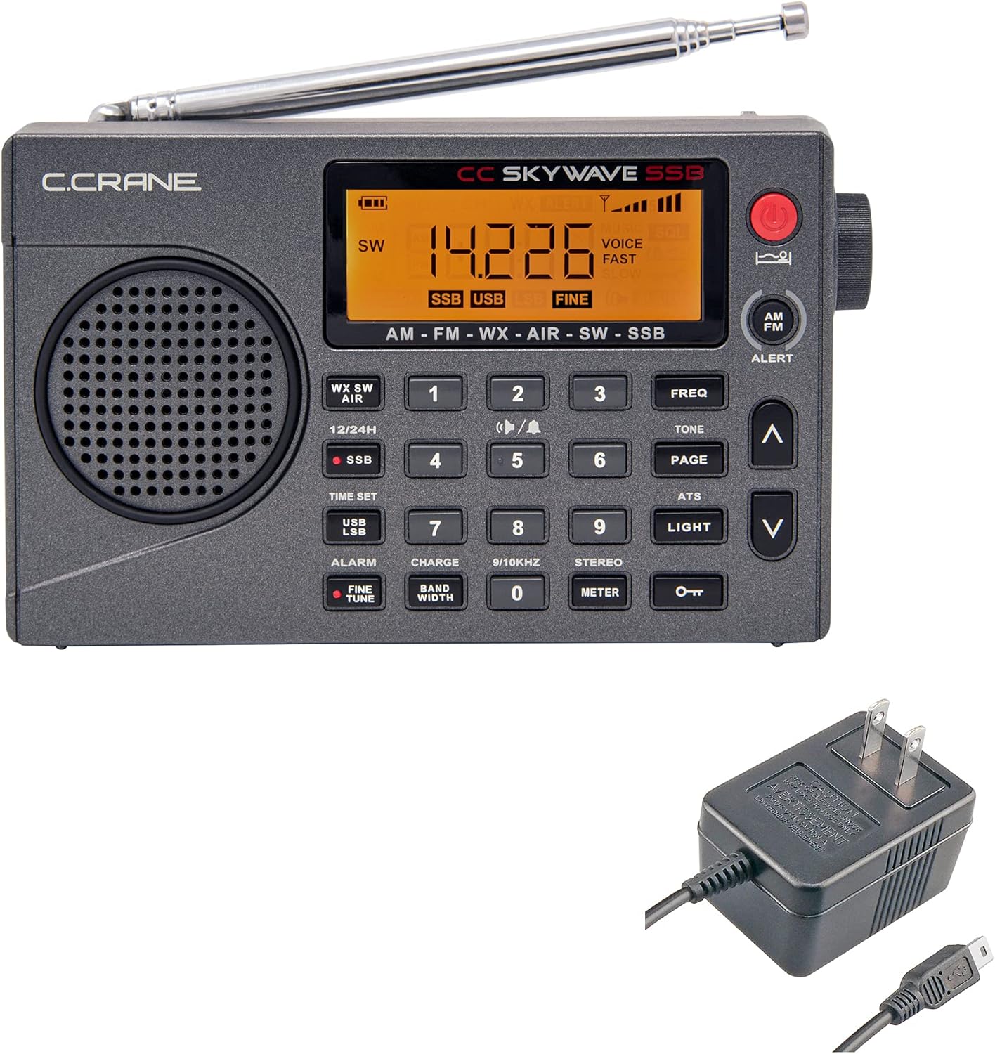 C. Crane CC Skywave SSB AM, FM, Shortwave, NOAA Weather + Alert, Scannable VHF Aviation Band and Single Side Bands Small Battery Operated Portable Travel Radio and AC Adapter
