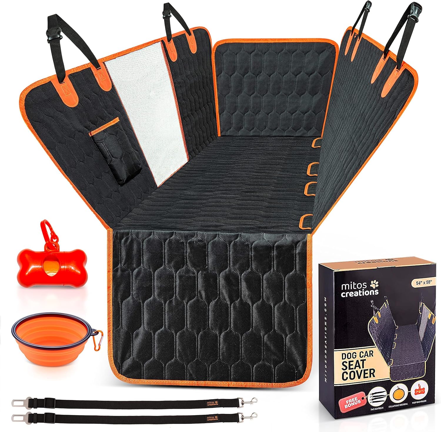 Mitos Creations Dog Car Seat Cover for Back Seat - Pet Travel Accessories Set for Truck, SUV, & Cars, Backseat Protector Hammock for Dogs - Includes Poop Bag Dispenser, Collapsible Bowl, & 2 Seat Belt