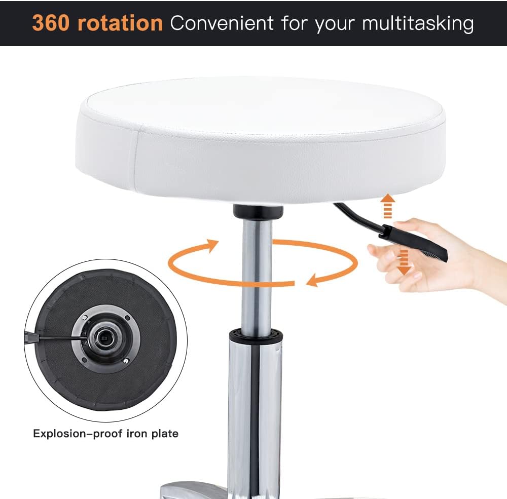 CHAOEEMY Height Adjustable Rolling Swivel Stool Chair with Round Seat Heavy Duty Metal Base for Salon,Massage, Factory, Shop (Without Backrest, White)