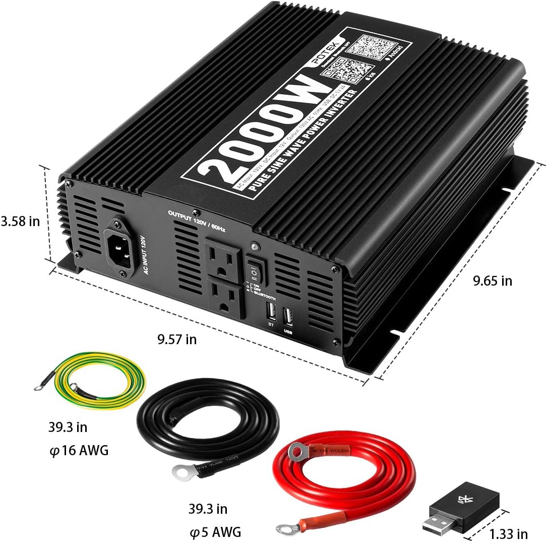 POTEK 2000W Pure Sine Wave Inverter with Automatic Transfer Switch 12V DC to 120V AC and Bluetooth