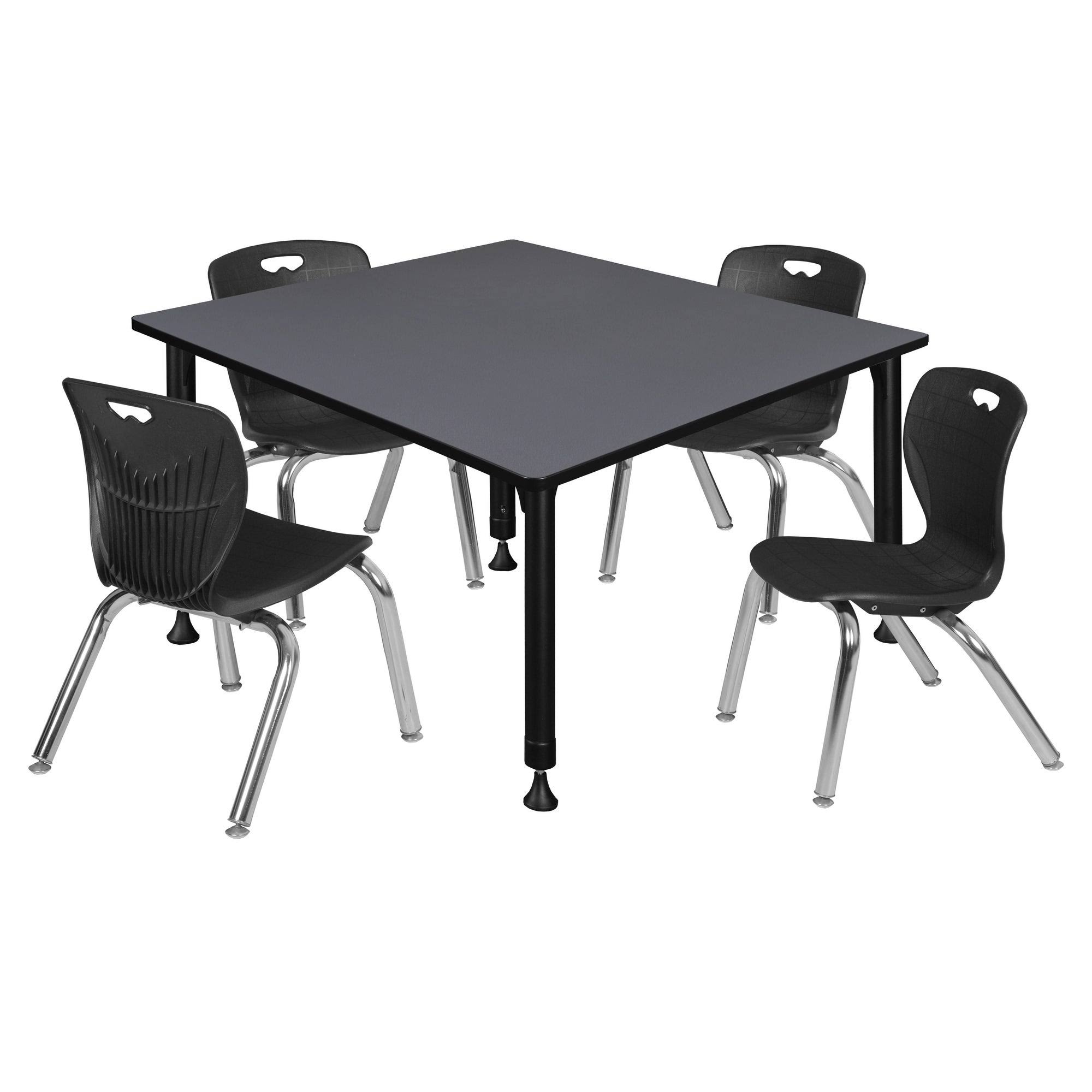 Regency Kee 48x22 Square Height Adjustable Classroom Table - Grey u0026 4 Andy 12-in Stack Chairs- Black