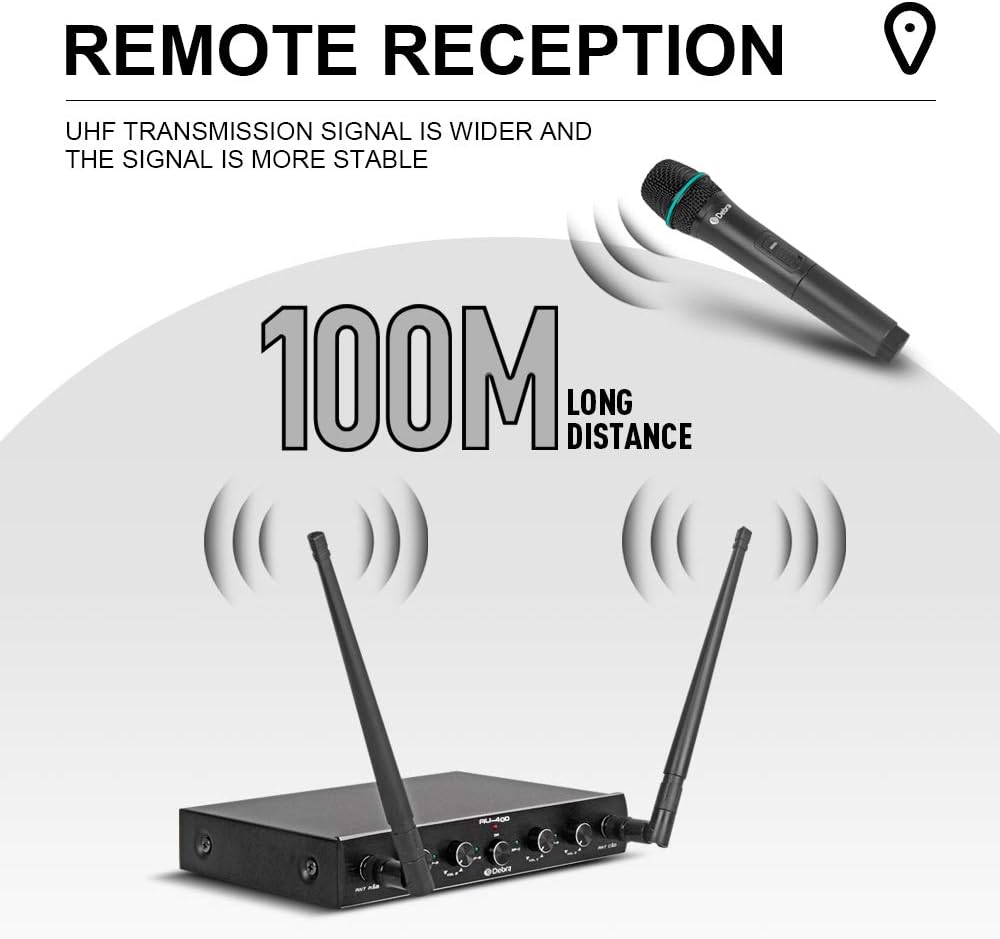 Debra Audio Pro UHF 4 Channel Wireless Microphone System with Cordless Handheld Lavalier Headset Mics, Metal Receiver, Ideal for Karaoke Church Party (with 2 Handheld & 2 Bodypack (A))