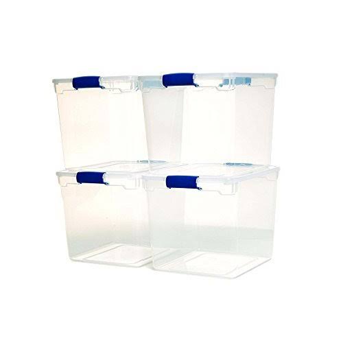 Homz Plastic Storage, Modular Stackable Storage Bins with Blue Latching Handles, 31 Quart, Clear, 4-Pack