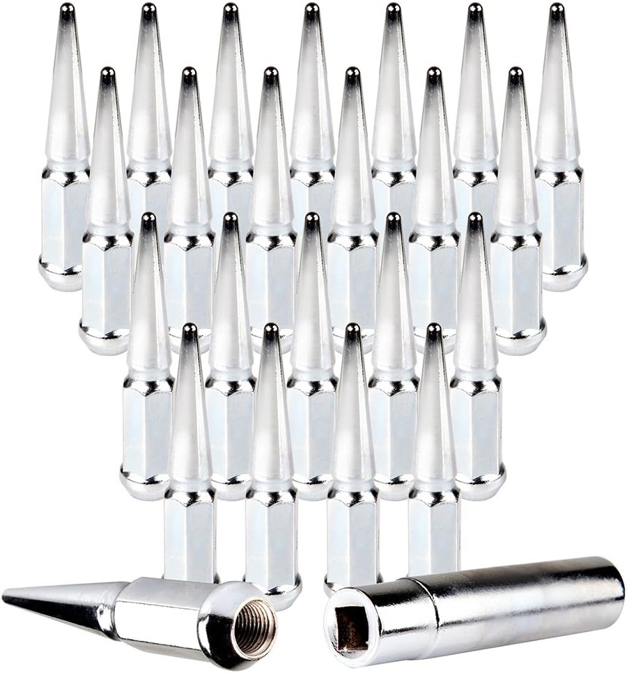 SCITOO 24PCS Silver Lug Nuts 4.5” Tall, 14×1.5 Thread Size, with 1 Key, Fits for Cadillac for Chevrolet for Ford for GMC for Hummer for Jeep for Lincoln for Ram for Toyota 1988-2017 Pack of 2