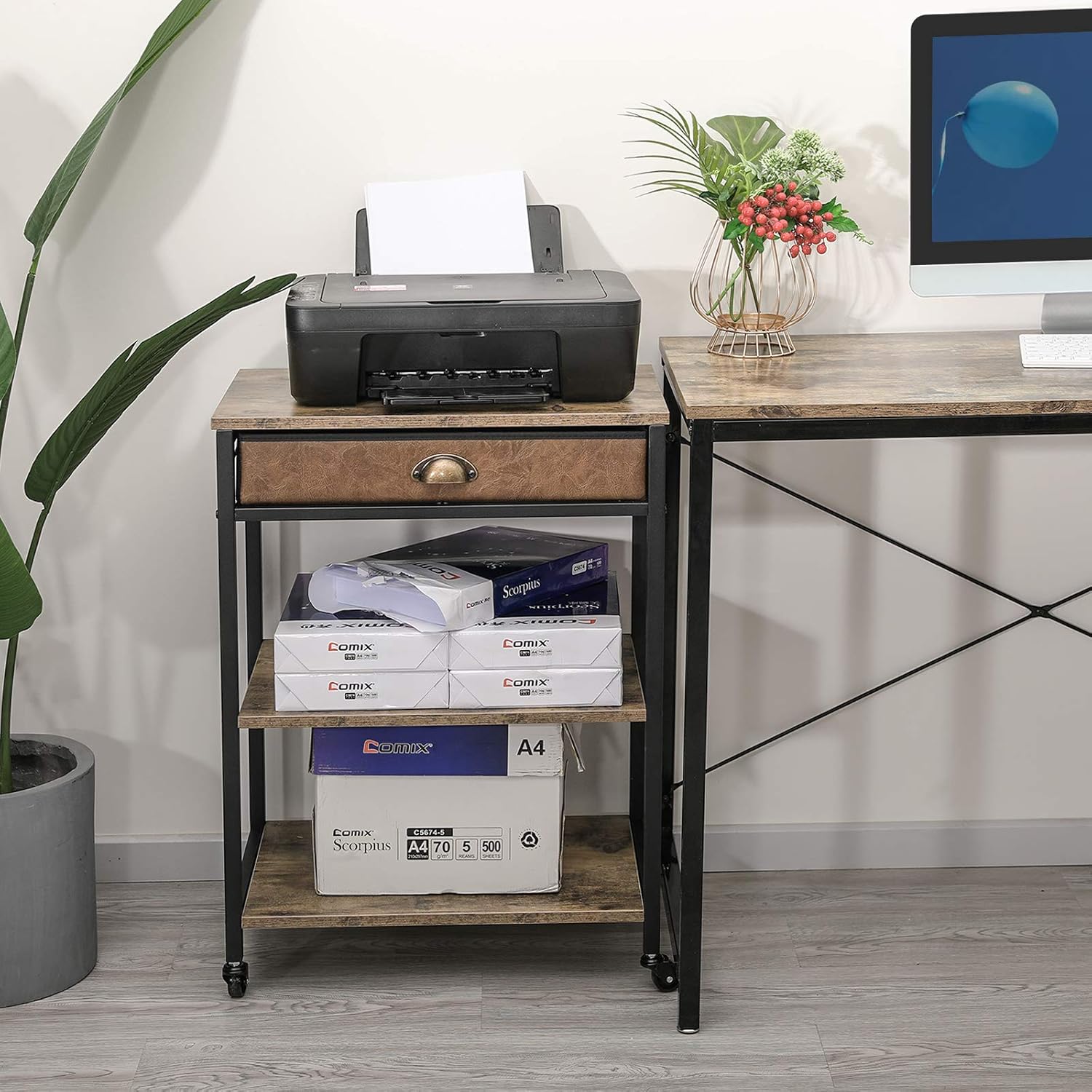 X-cosrack Deskside Mobile Printer Stand with Storage Drawer, 3 Tier Printer Table Cart with Wheel,Workspace Desk Organizer Shelf for Home Office, Rustic Brown
