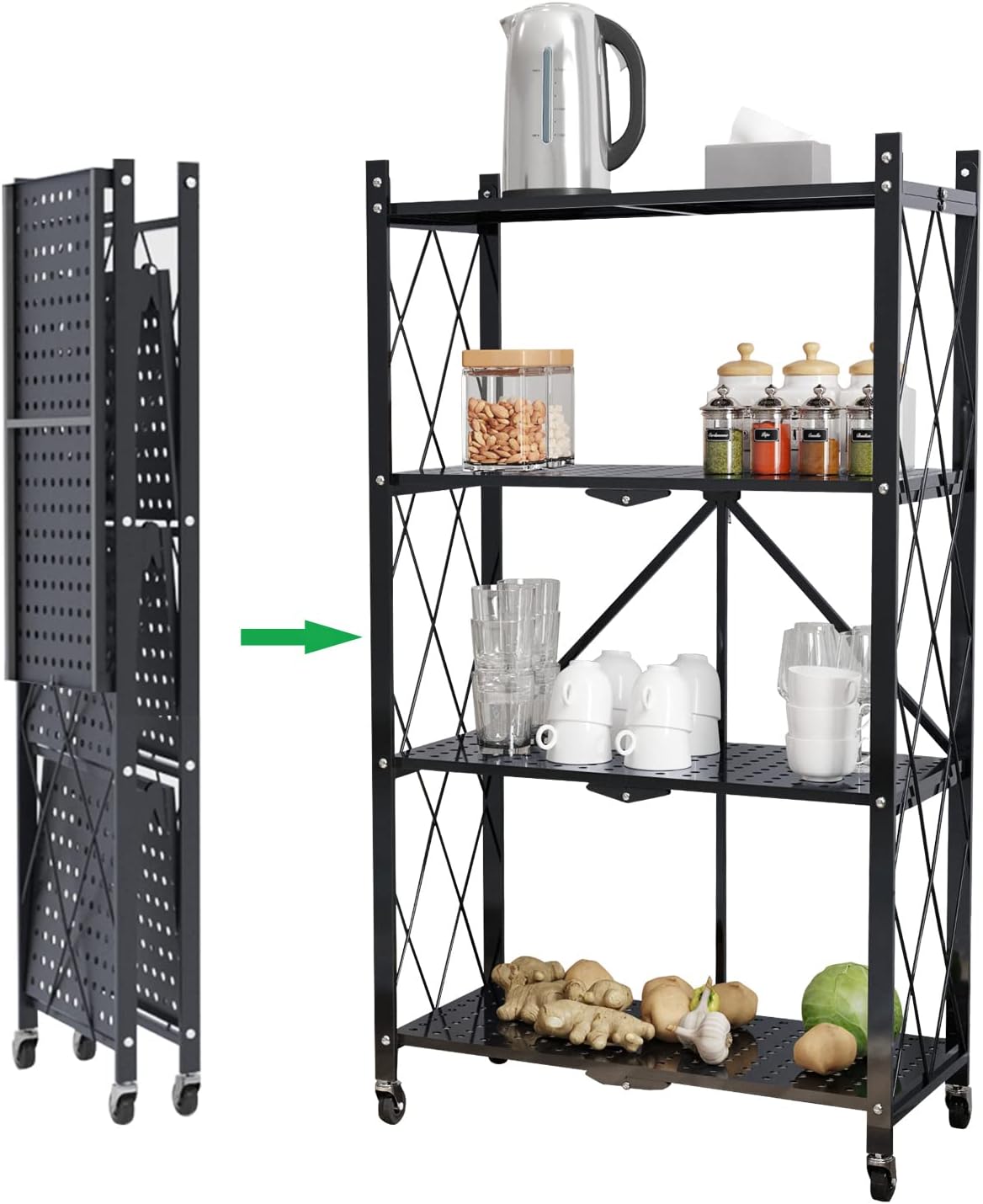 Storage Shelves 5-Tier Foldable, Rack Shelf with Microwave Oven Stand, Metal Shelves with Wheels, Garage Shelving Free of Installation for Kitchen, Living Room, Bedroom Organizer, Bakers Closet, White