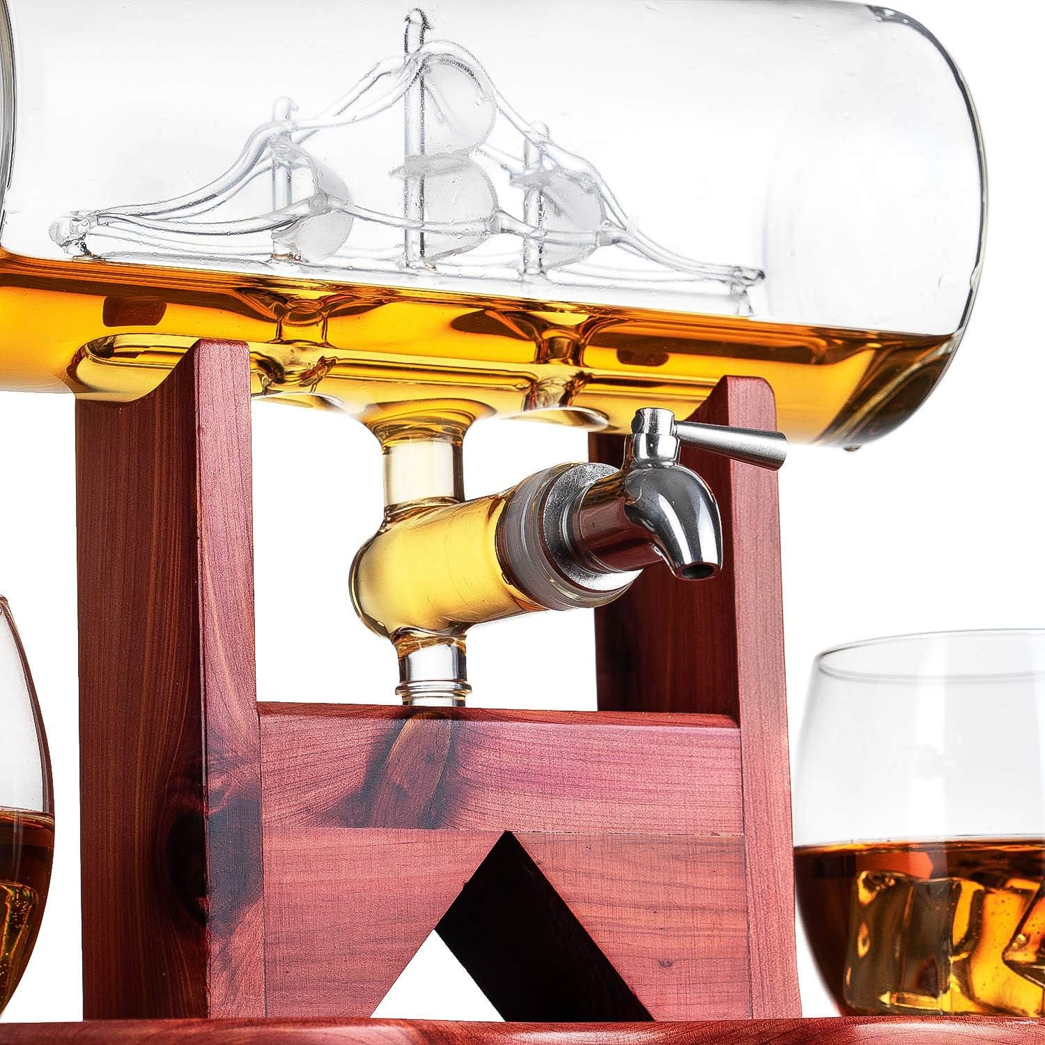 Whiskey Decanter Set, 1250ml Ship Whiskey Decanter with 2 Whiskey Glasses and Beautiful Stand Gift for Dad, Husband or Boyfriend by The Wine Savant Pack of 2