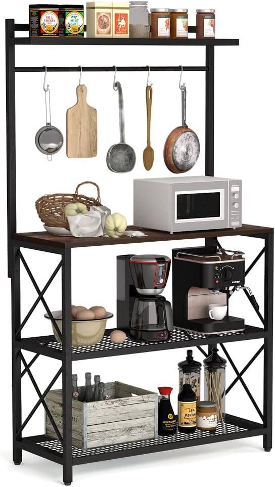 Tribesigns Industrial Kitchen Baker&rsquo;s Rack, 4-Tier Utility Storage Shelf, Microwave Oven Stand Rack with 5 Hooks, Floor Standing Spice Rack Organizer Workstation, Vintage